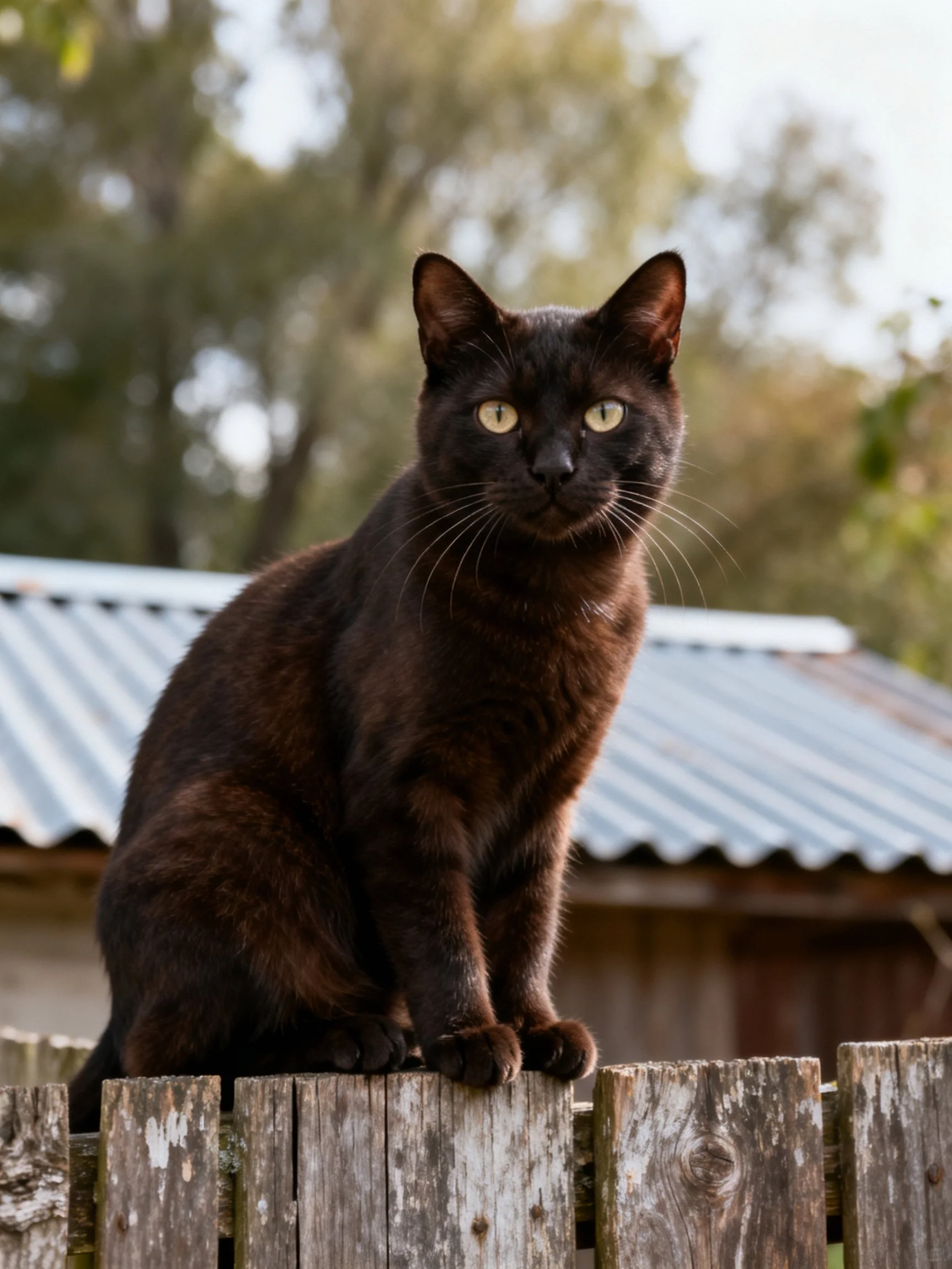 A sleek black cat sits atop an aged wooden fence