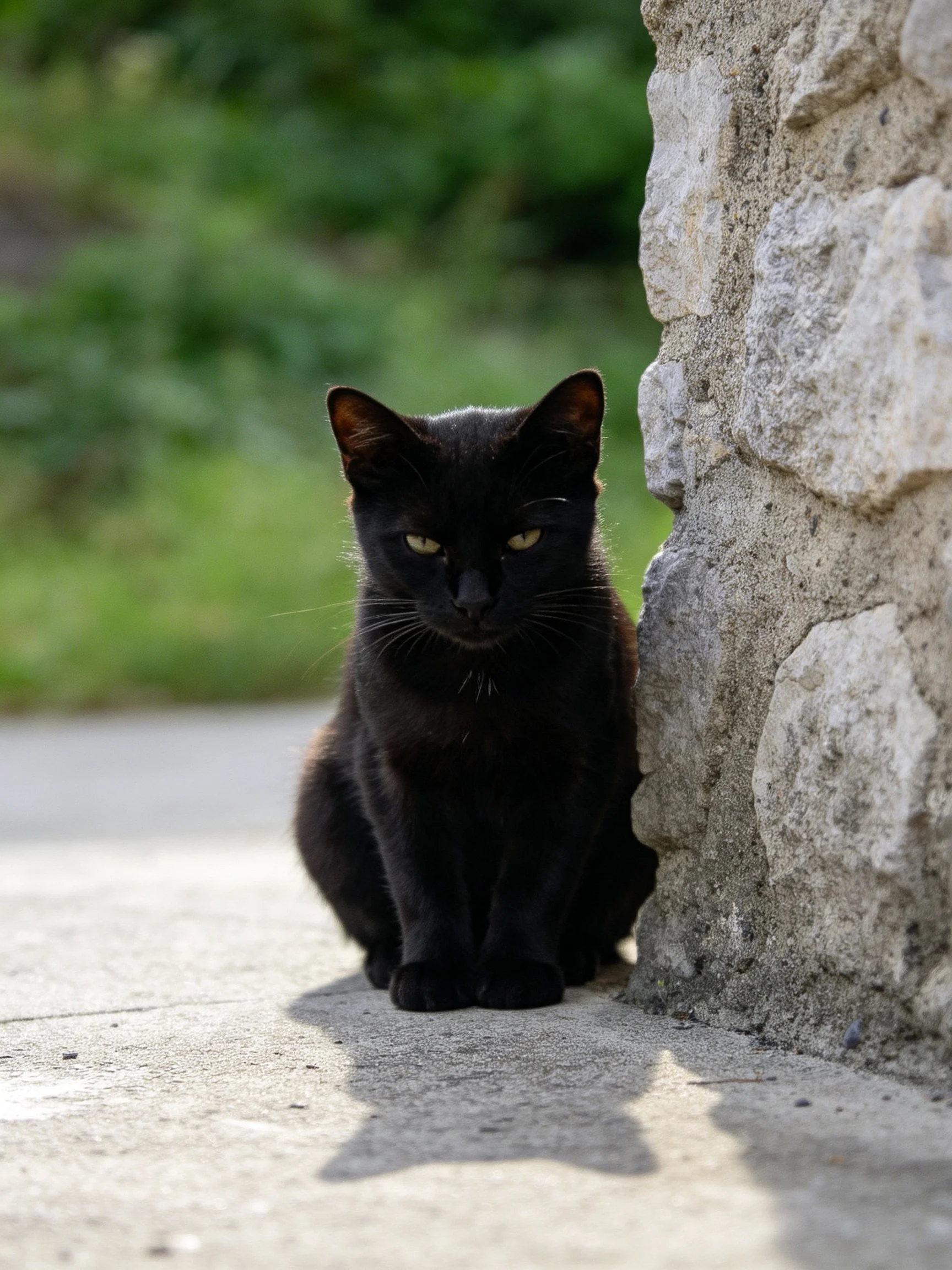 A sleek black cat sits beside an aged stone wall