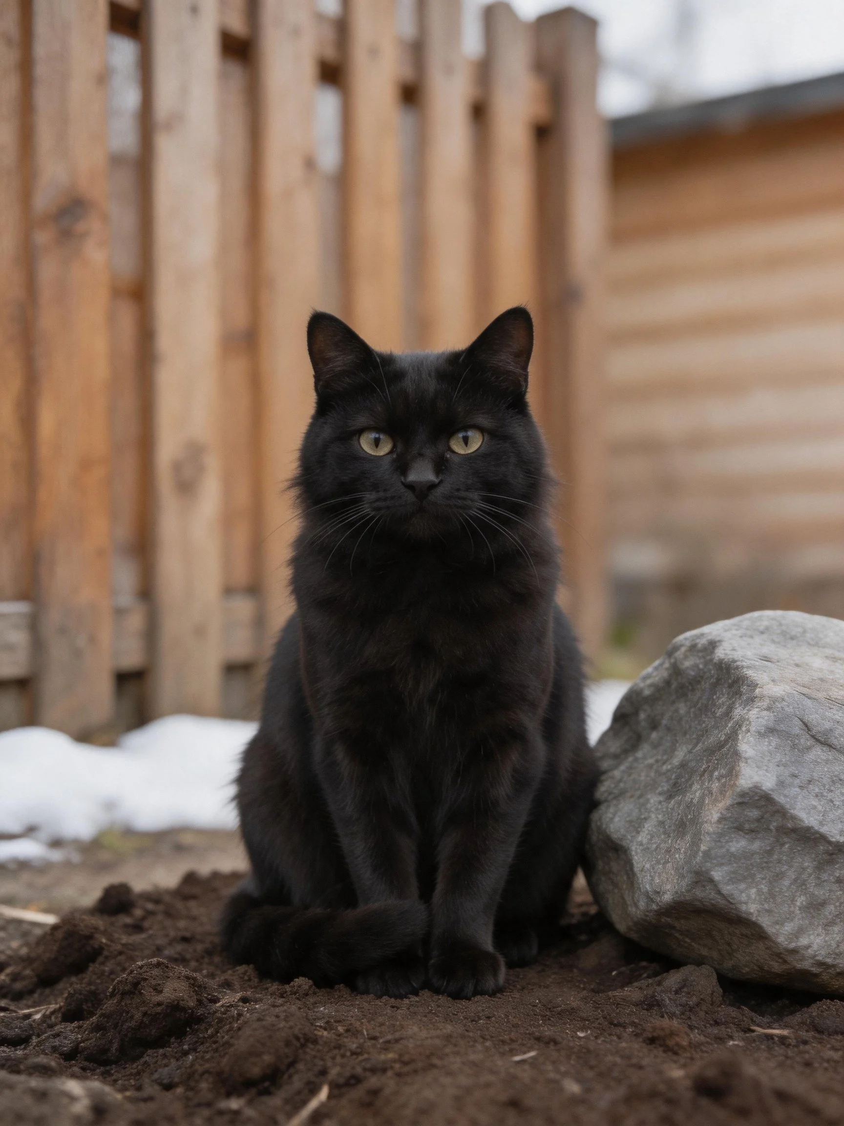 A sleek black cat sits near a large gray rock by a wooden fence