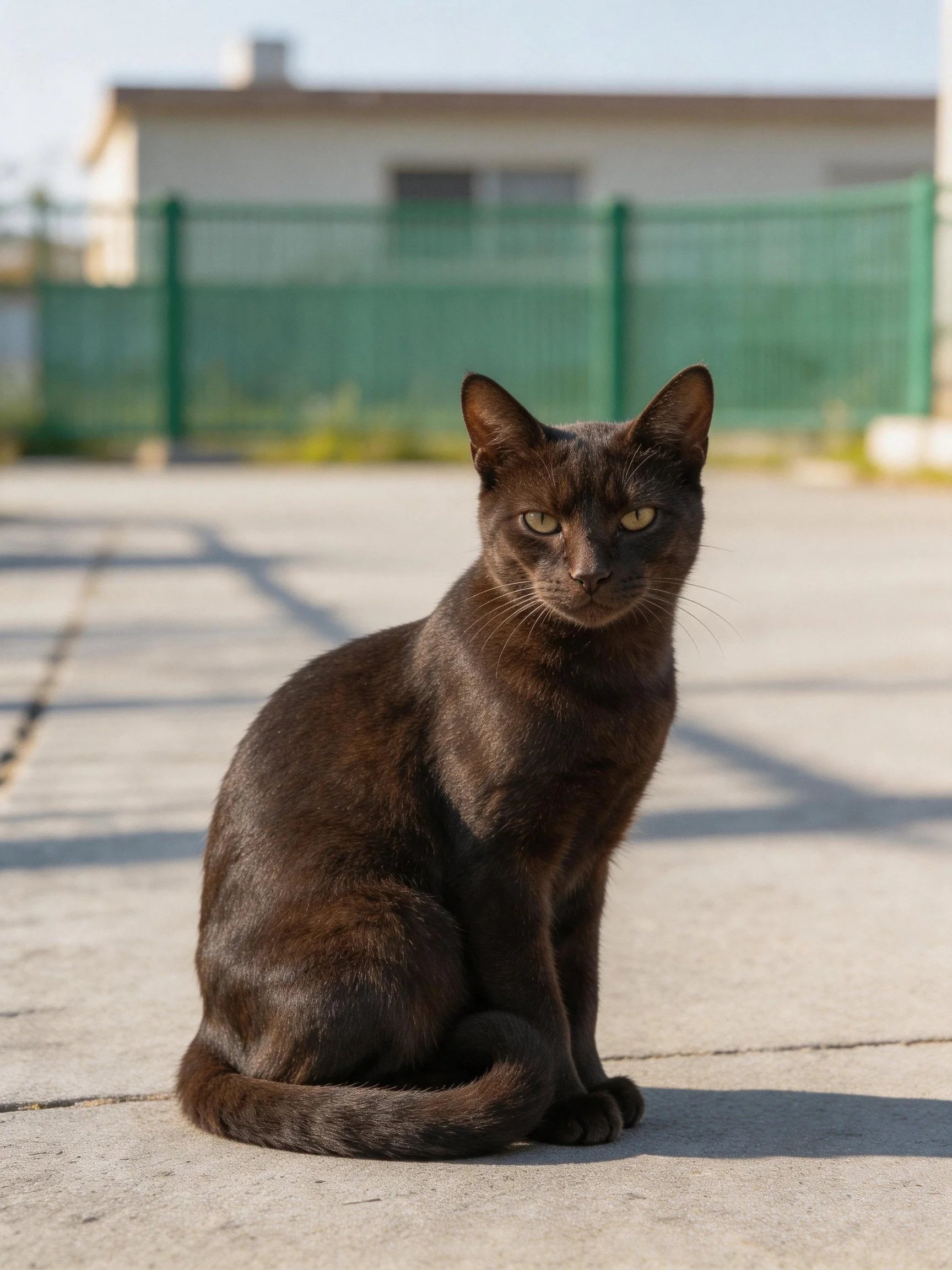 A sleek black cat sits on a concrete path near a green fence