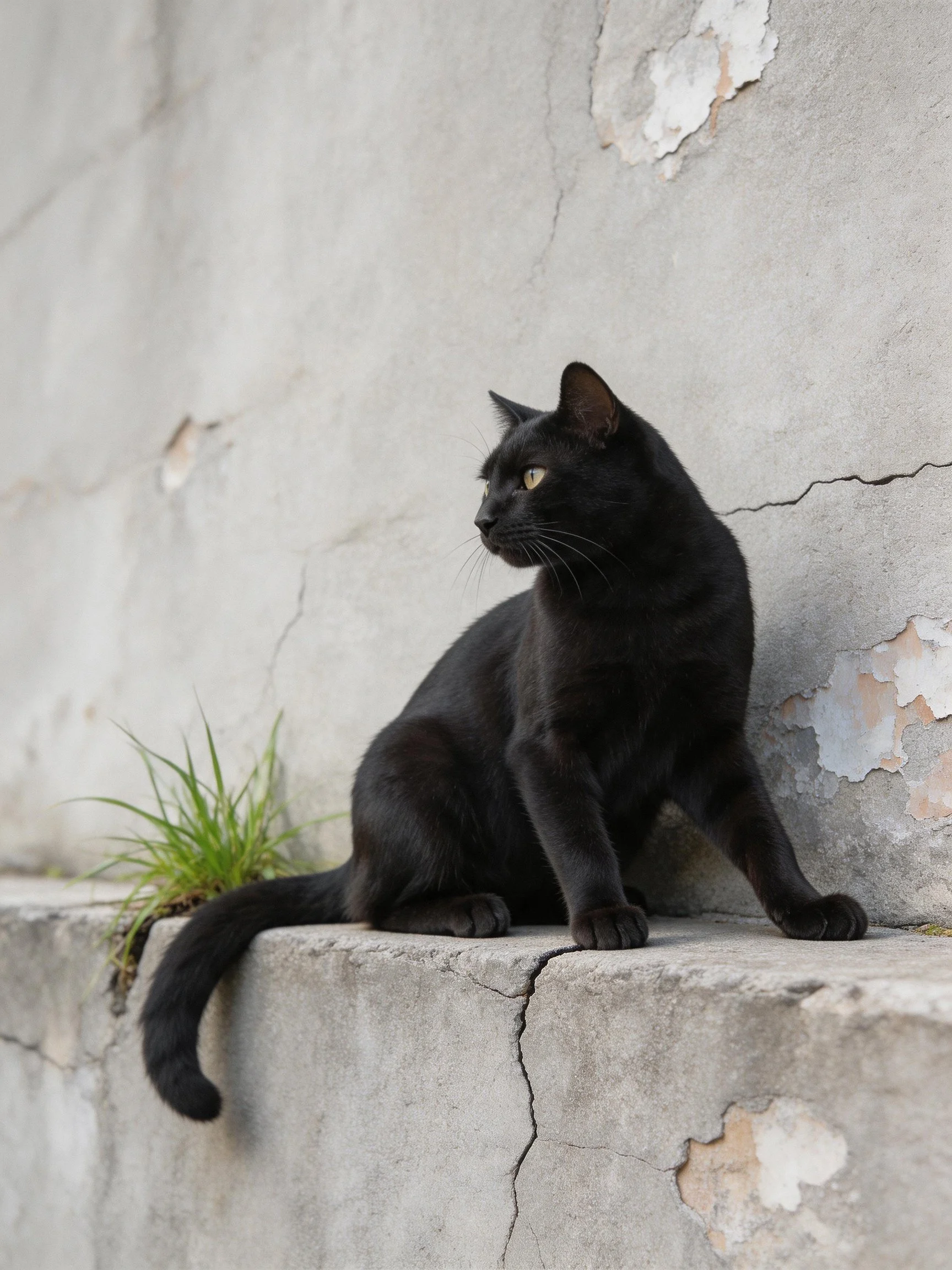 A sleek black cat sits on a cracked concrete ledge by a weathered wall