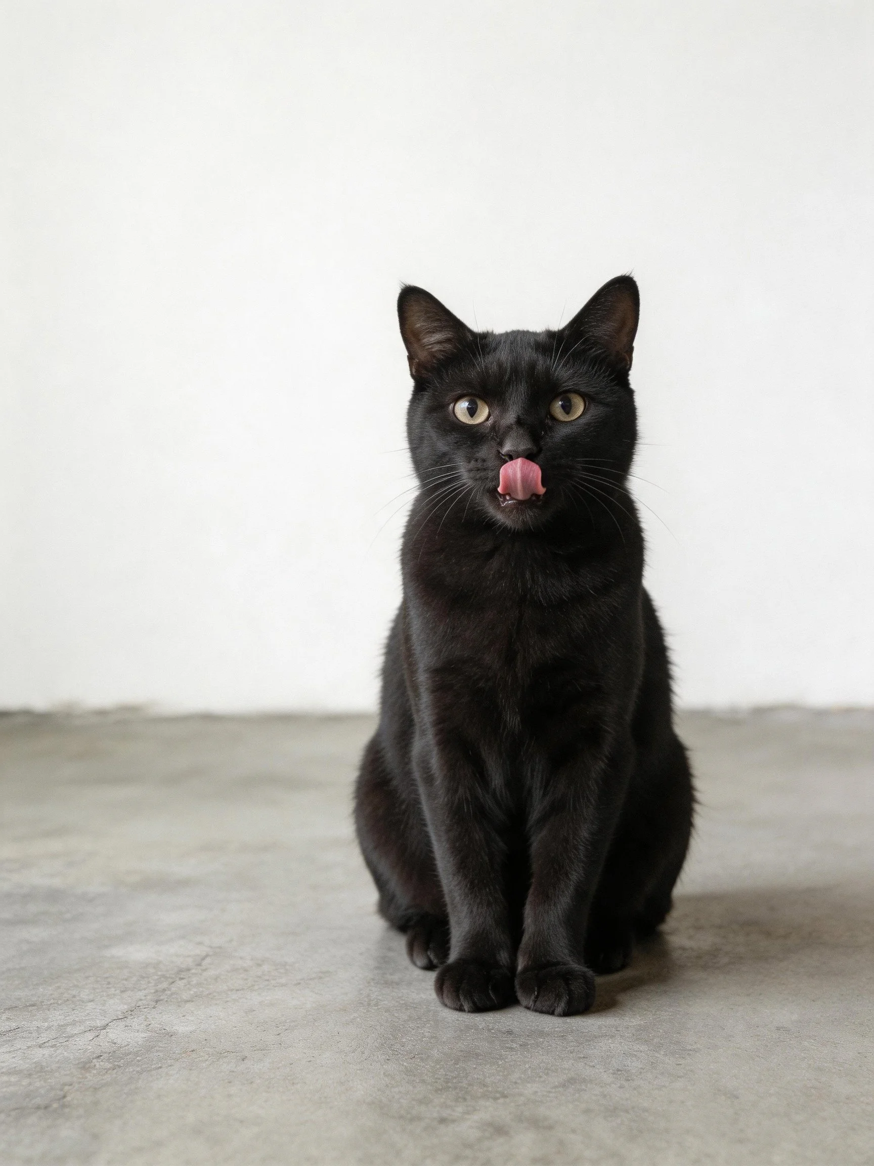 A sleek black cat sits on a gray concrete floor with a plain white backdrop.