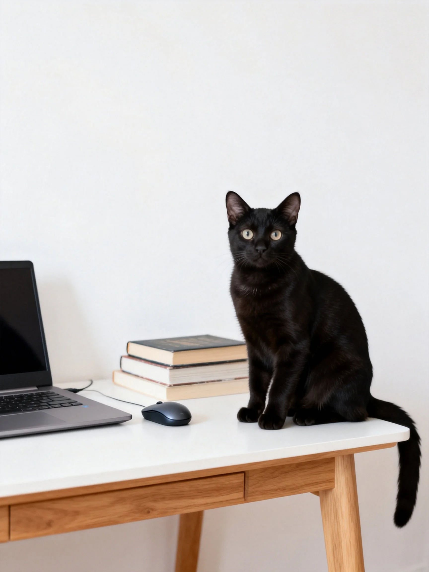 A black cat sits on a minimalist desk near books, a laptop, and a mouse