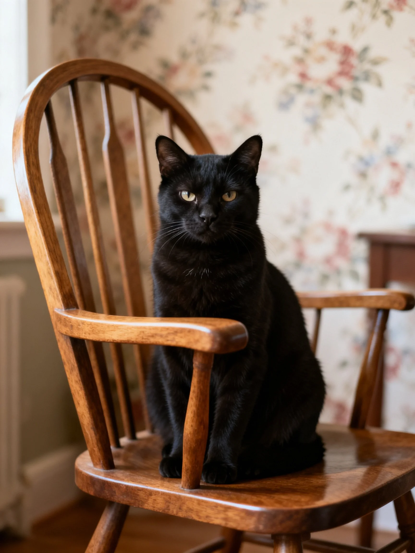 A sleek black cat sits on a polished wooden chair with floral wallpaper