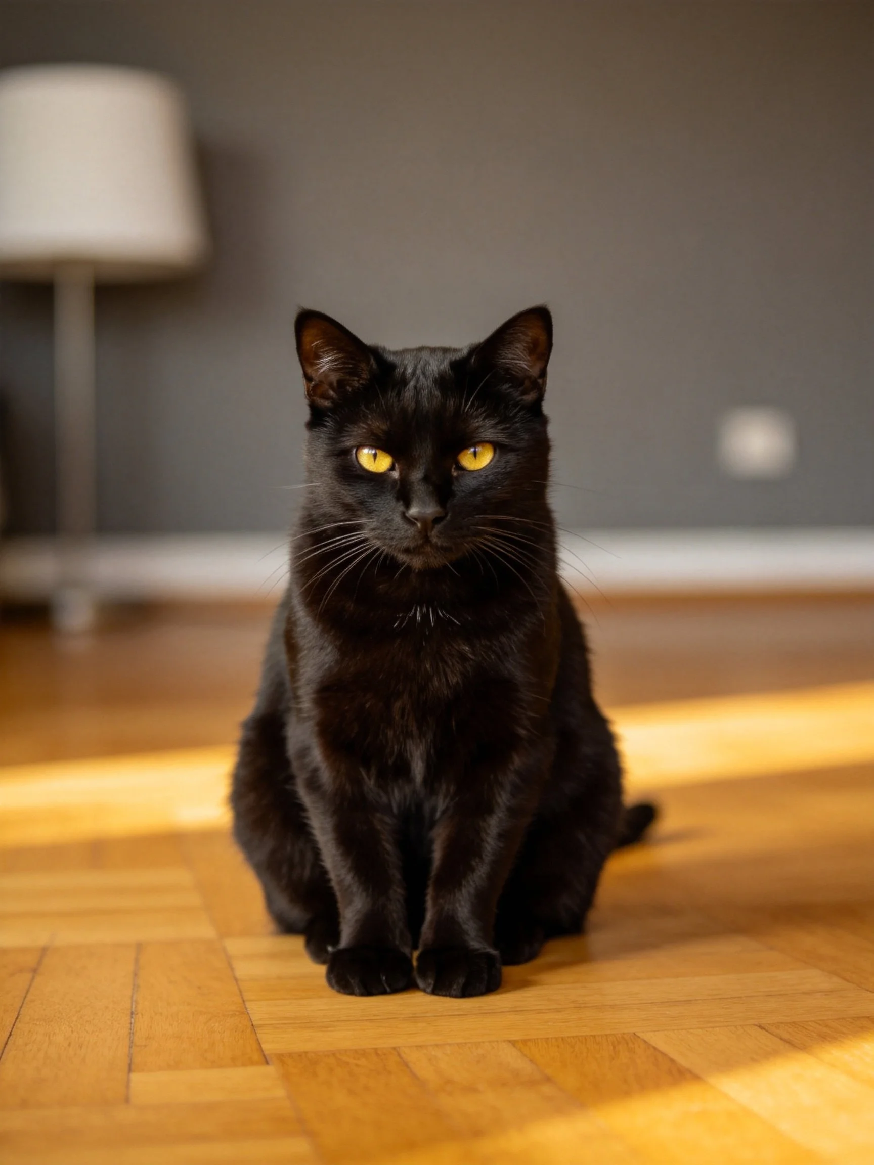 A sleek black cat sits on a polished wooden floor with bright yellow eyes