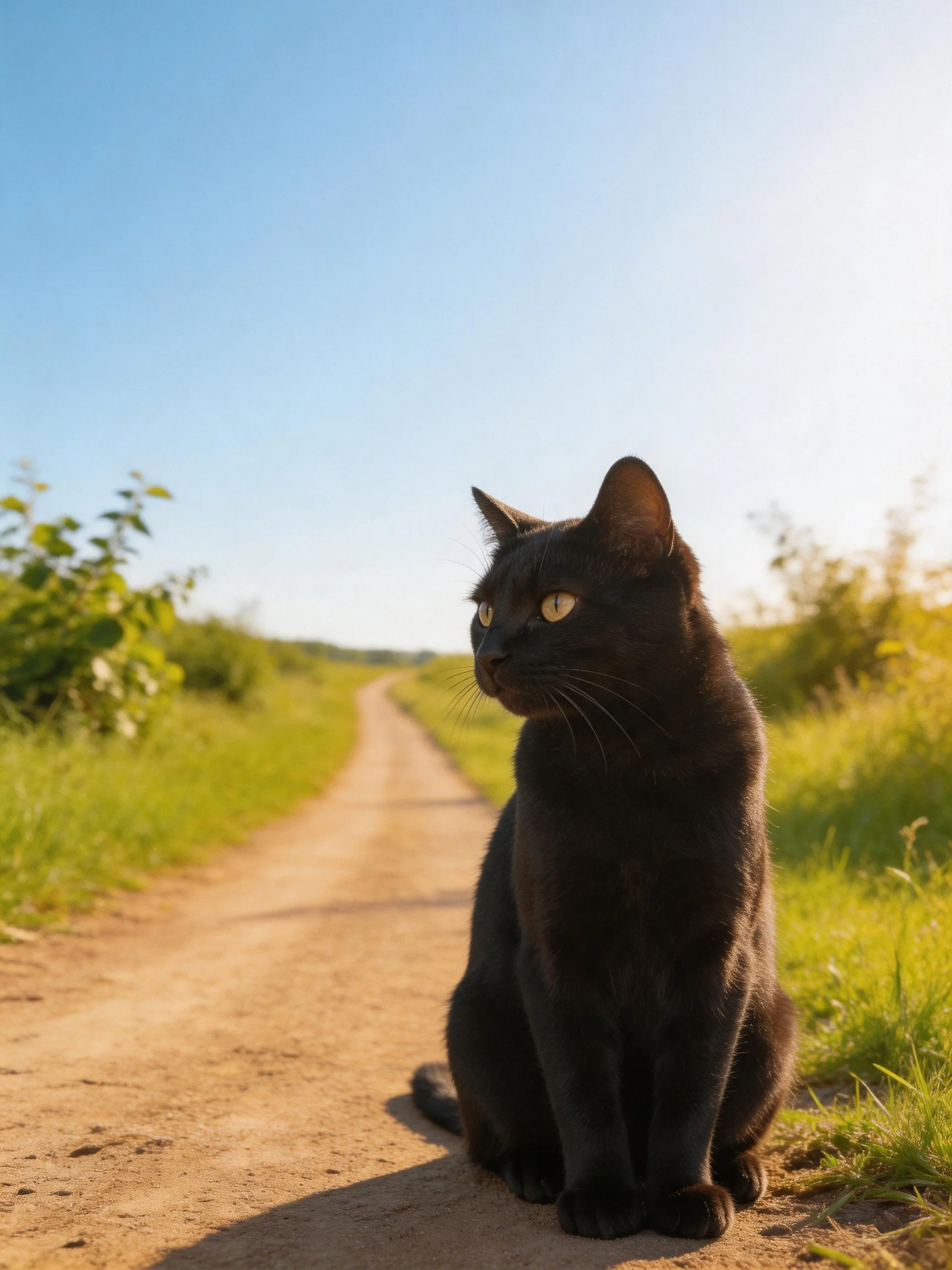 A sleek black cat sits on a sunlit dirt path