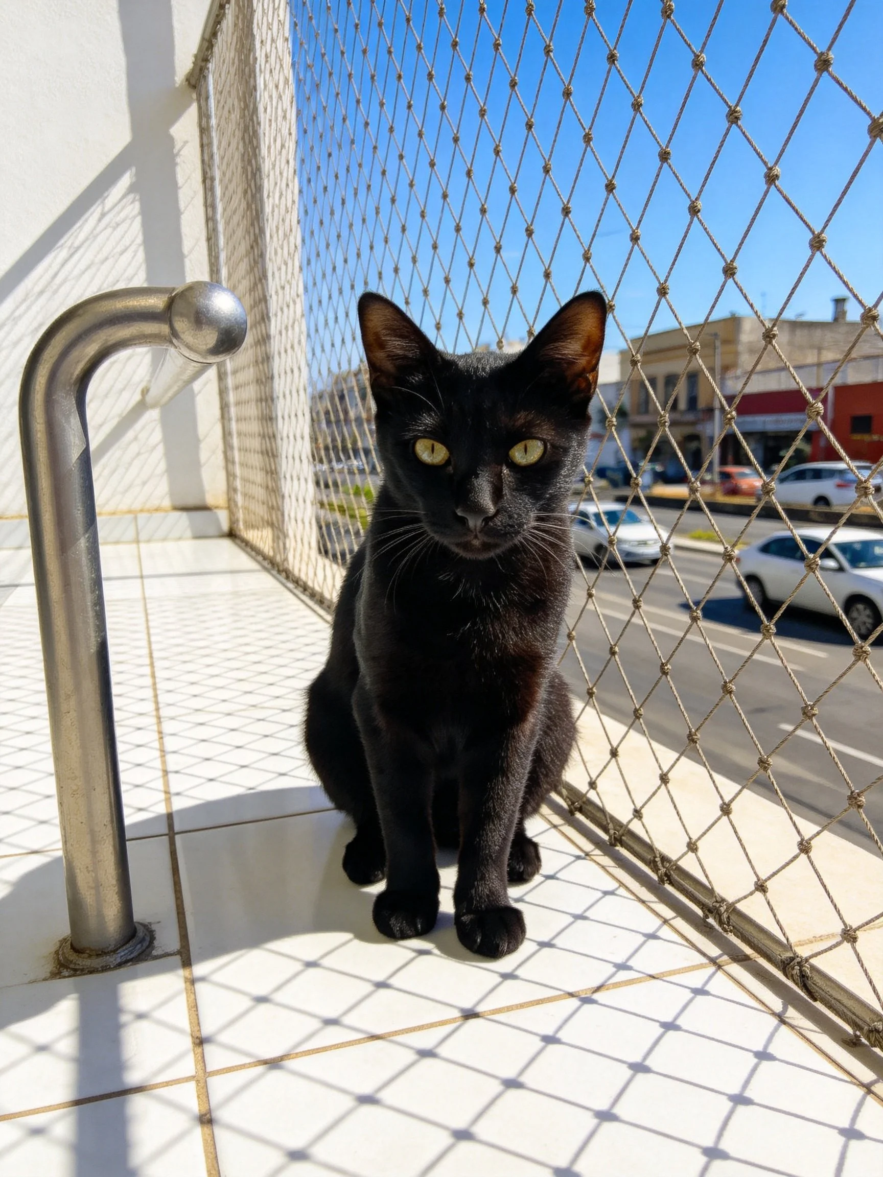 A sleek black cat sits on a tiled balcony with a metal railing