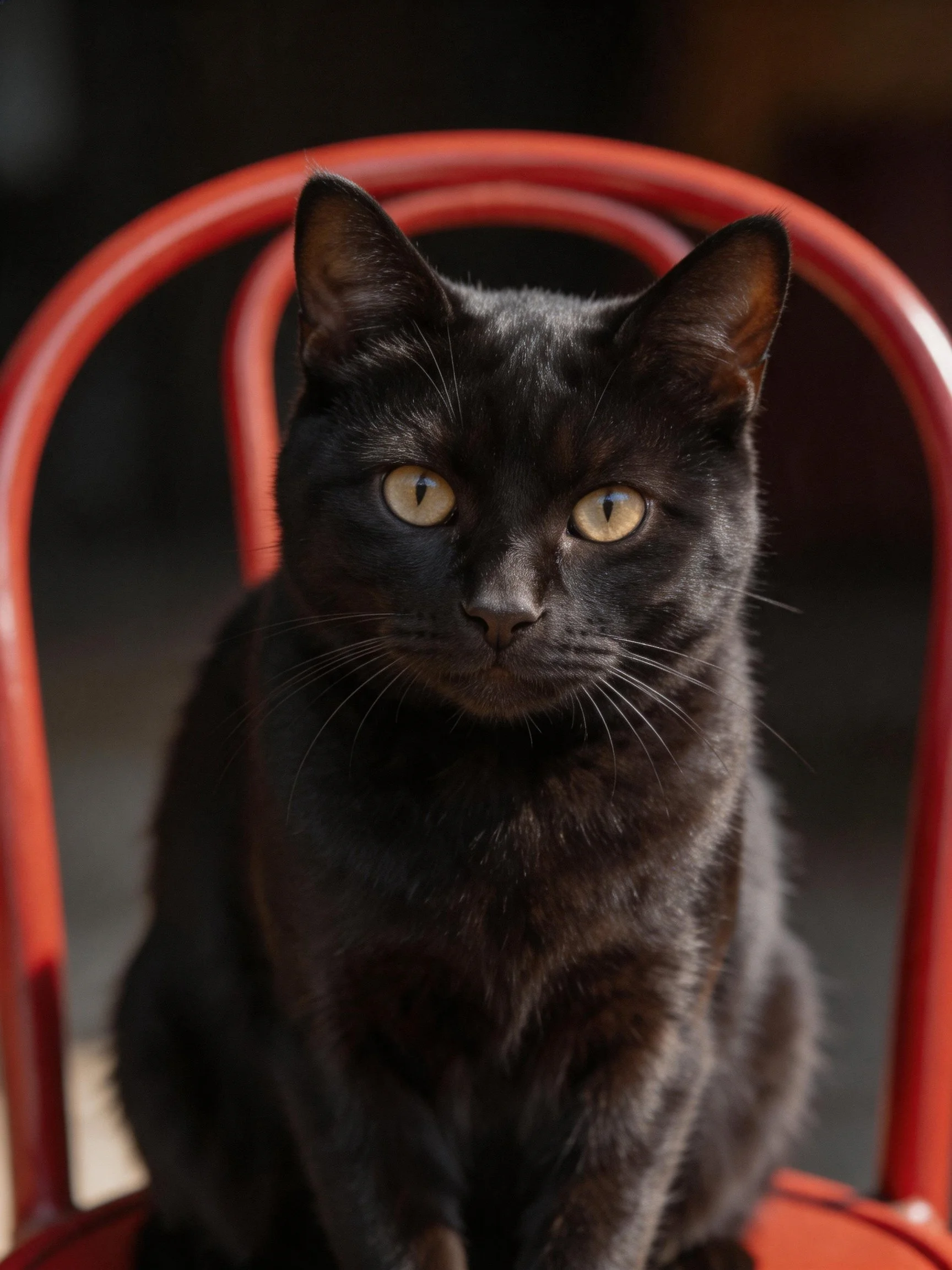 A sleek black cat sits on a bright red chair with soft lighting highlighting its features.