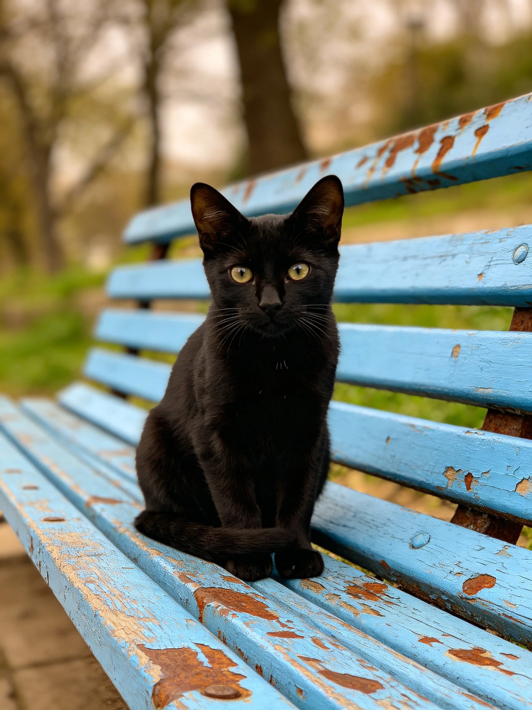 A black cat rests on an aged blue park bench in an outdoor setting.