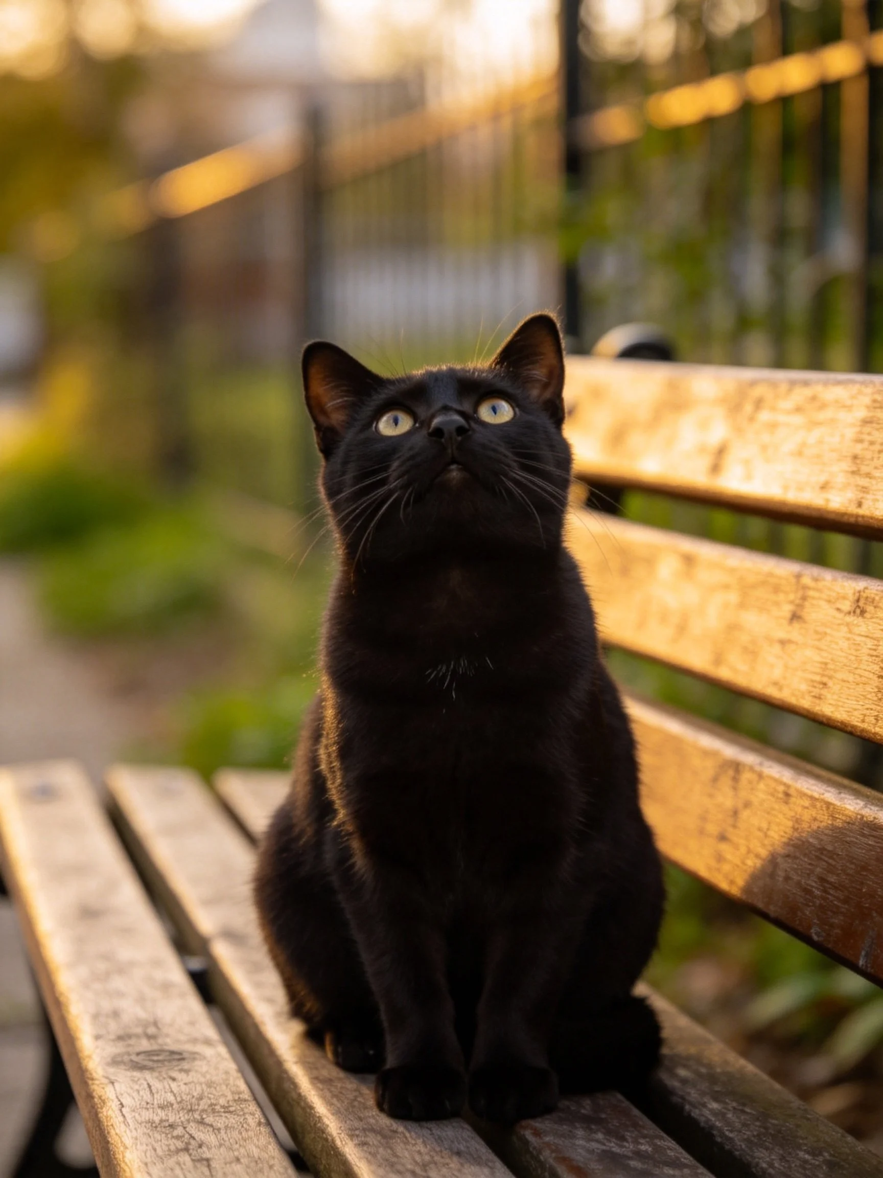 A sleek black cat sits on a weathered wooden bench in golden light