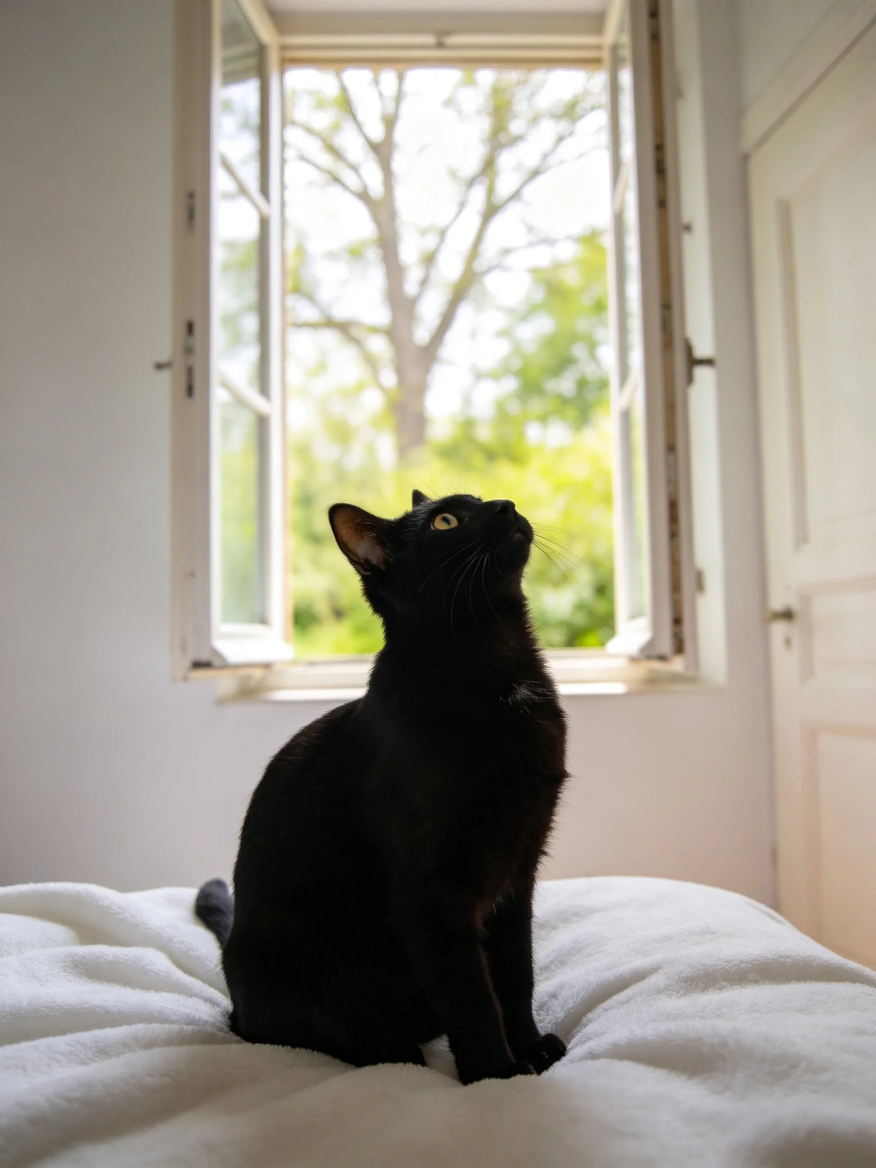 A sleek black cat sits on a white bed near an open window