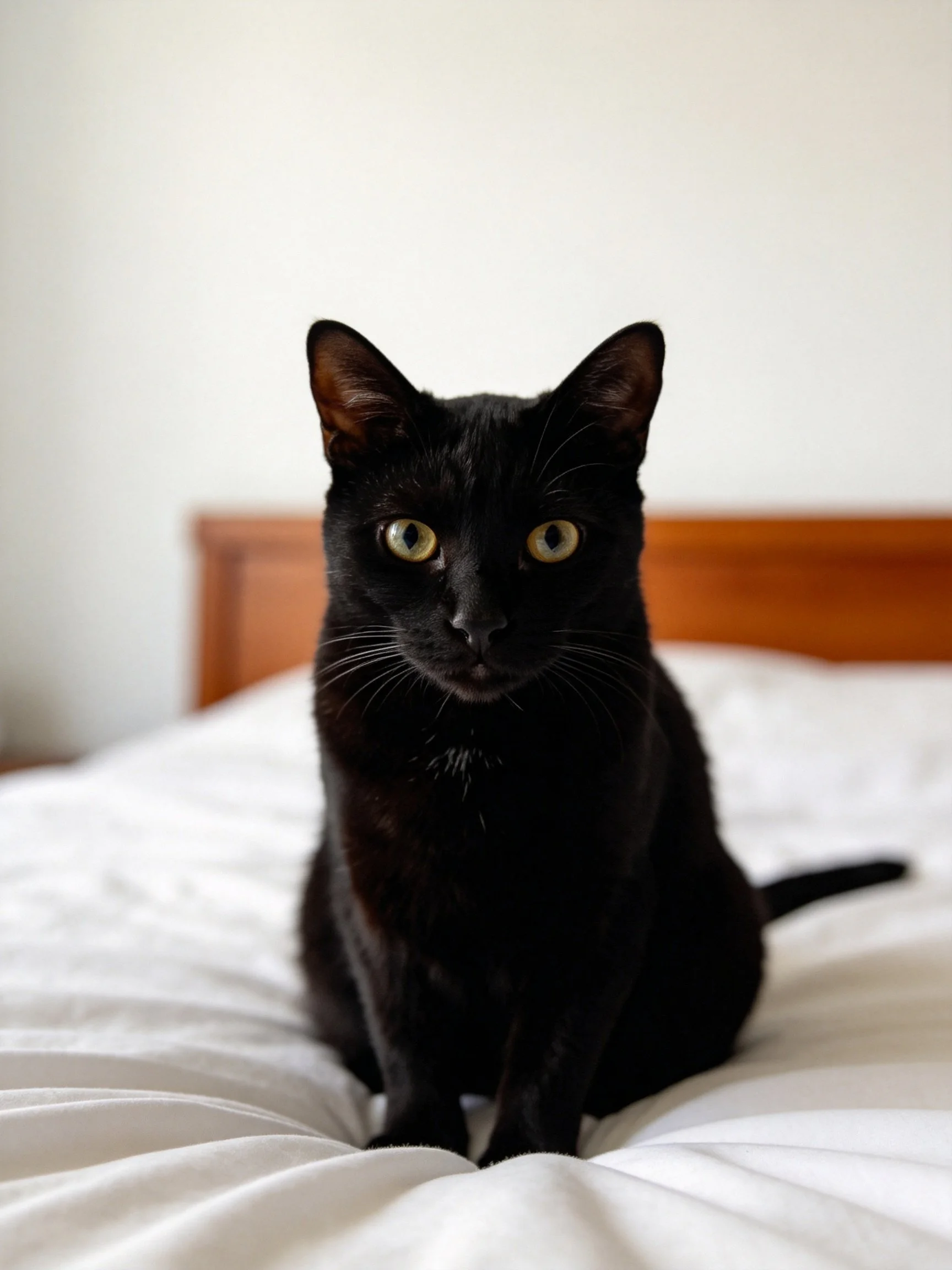 A sleek black cat sits on a white bed with wooden headboard