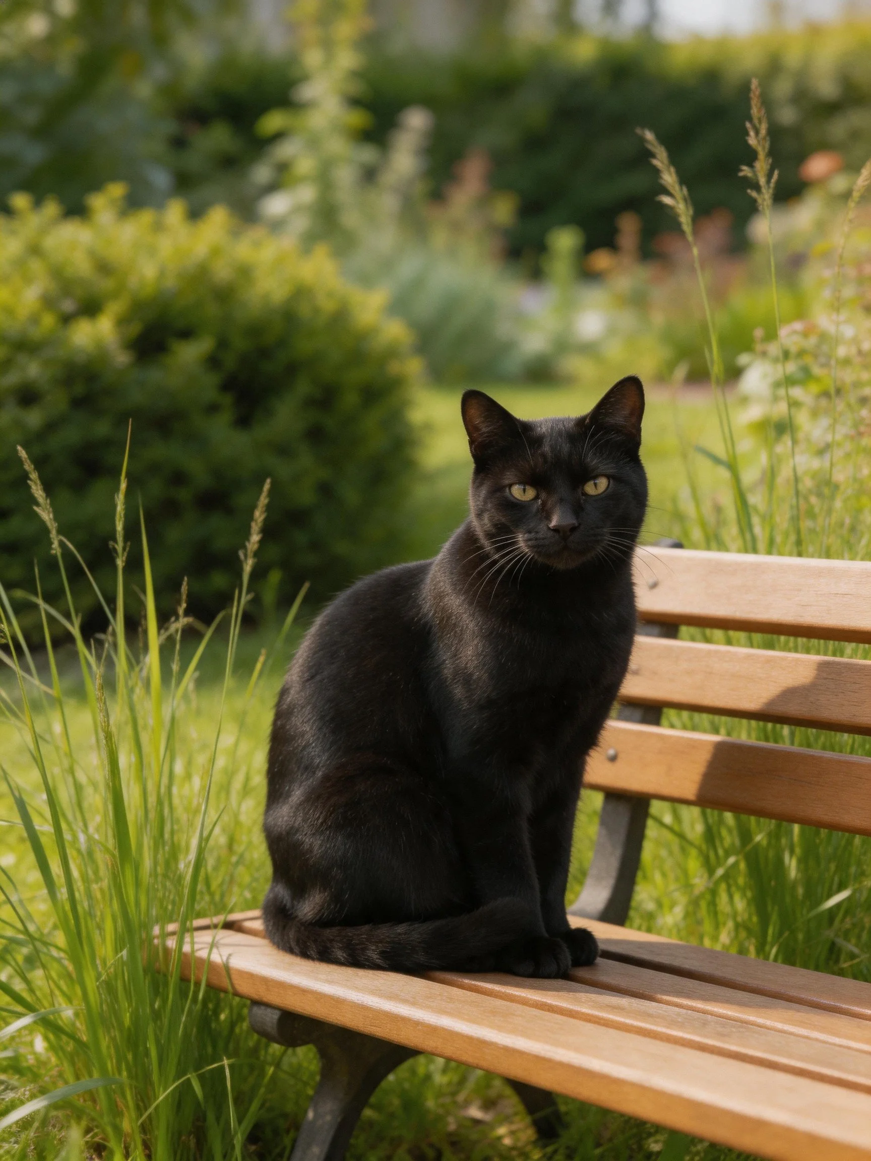 A sleek black cat sits on a wooden bench amid lush greenery