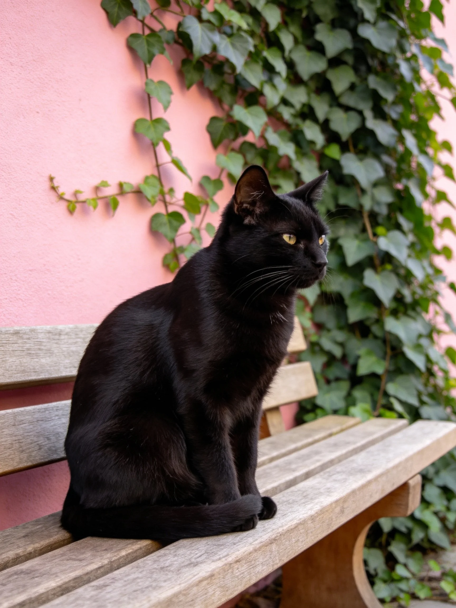 A sleek black cat sits on a wooden bench beside a pink wall with climbing vines