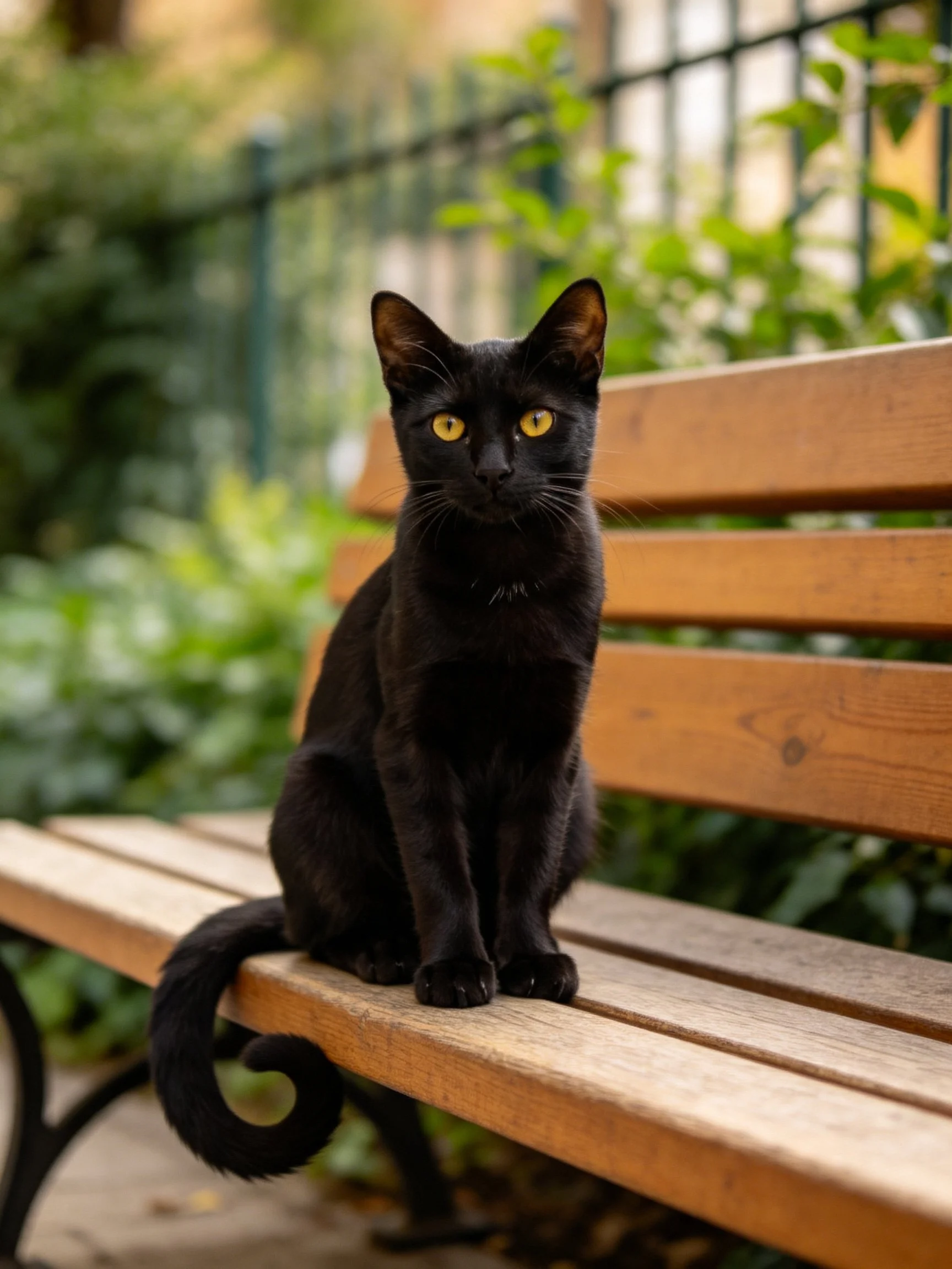 A black cat sits on a wooden bench amid greenery