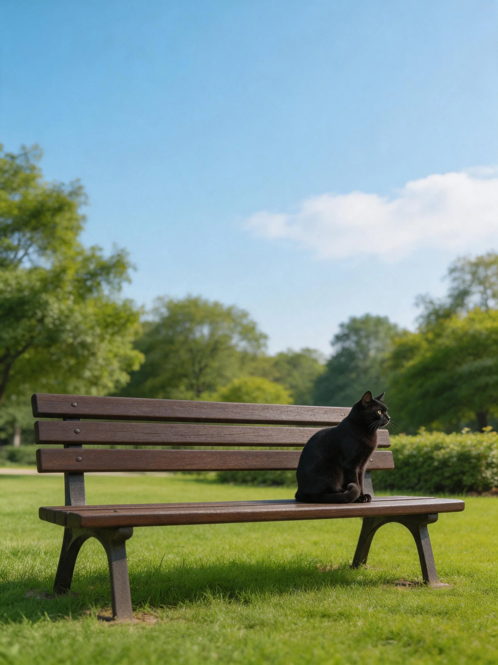 A black cat rests on a wooden bench in a bright park setting.