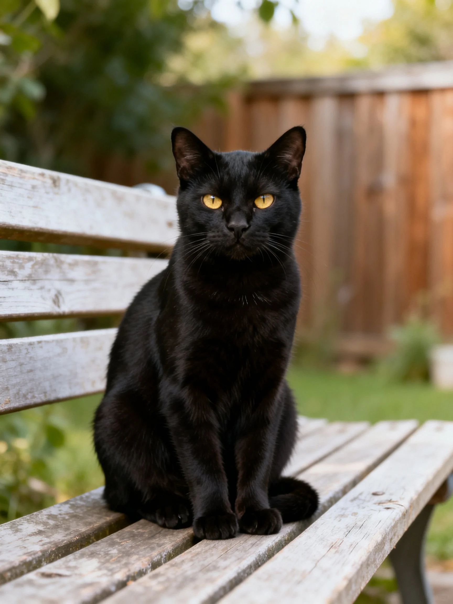 A sleek black cat sits on an aged wooden bench outdoors