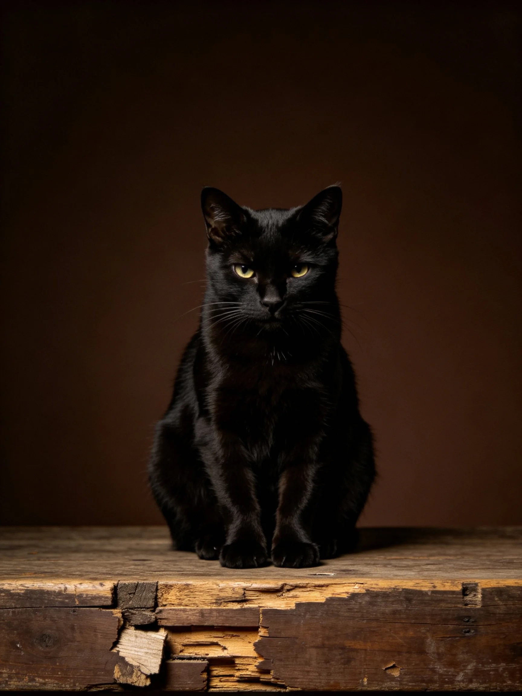 A sleek black cat sits on an aged wooden plank against a dark backdrop