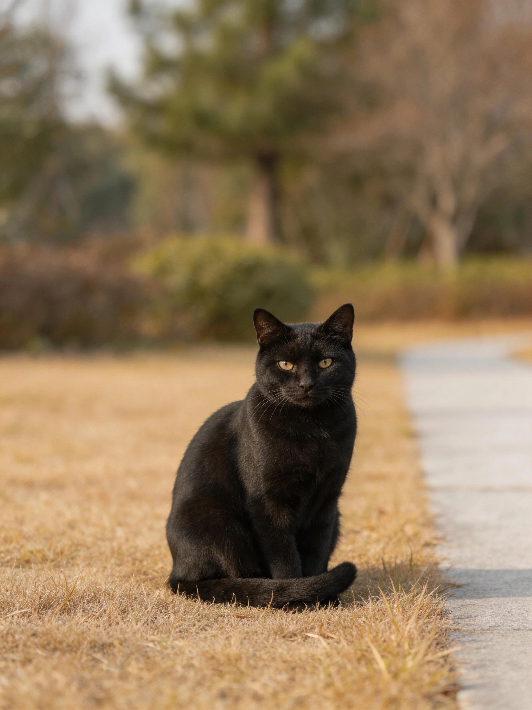 A sleek black cat sits on dry grass beside a paved path
