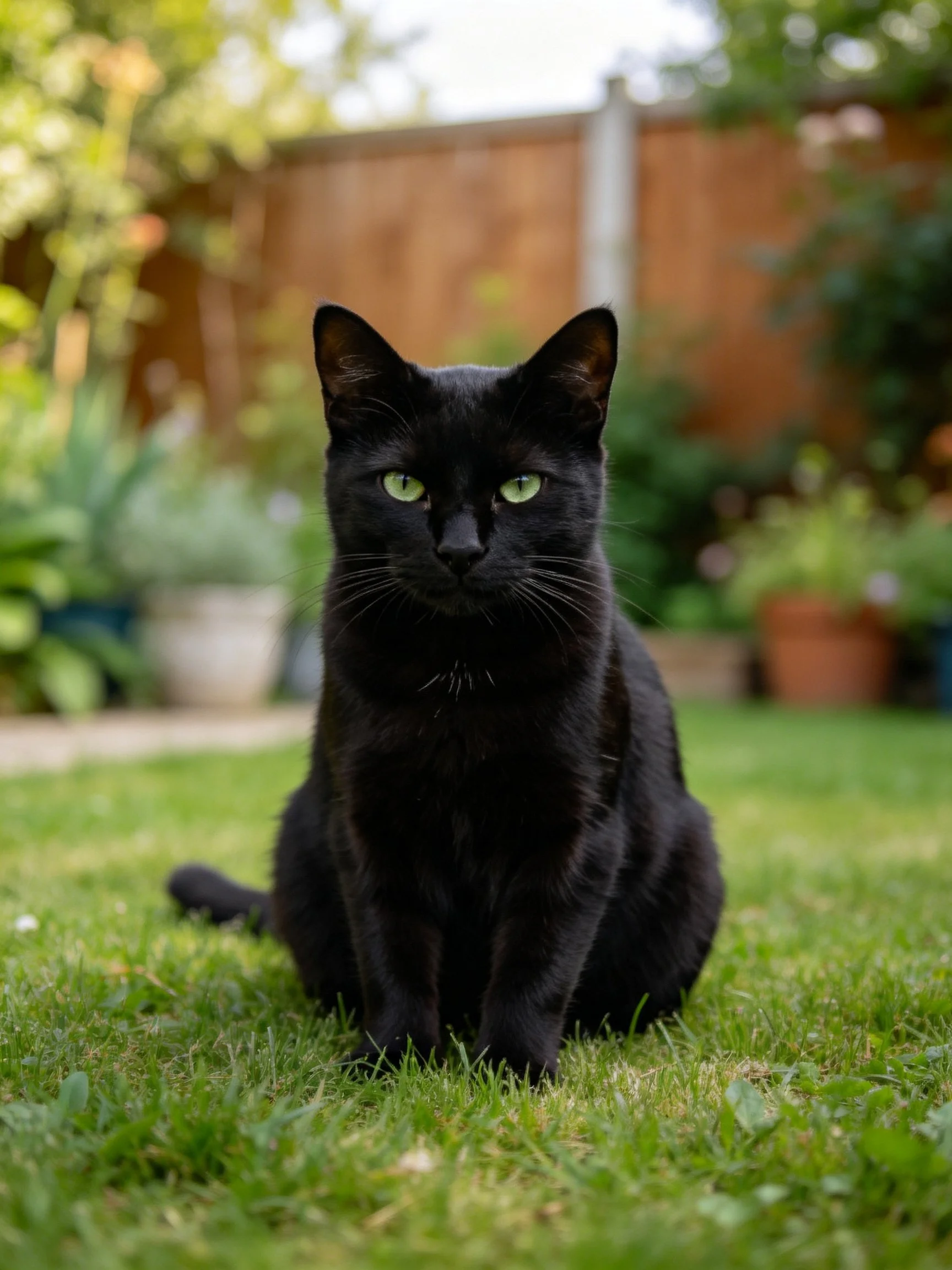 A sleek black cat sits on lush green grass in a garden