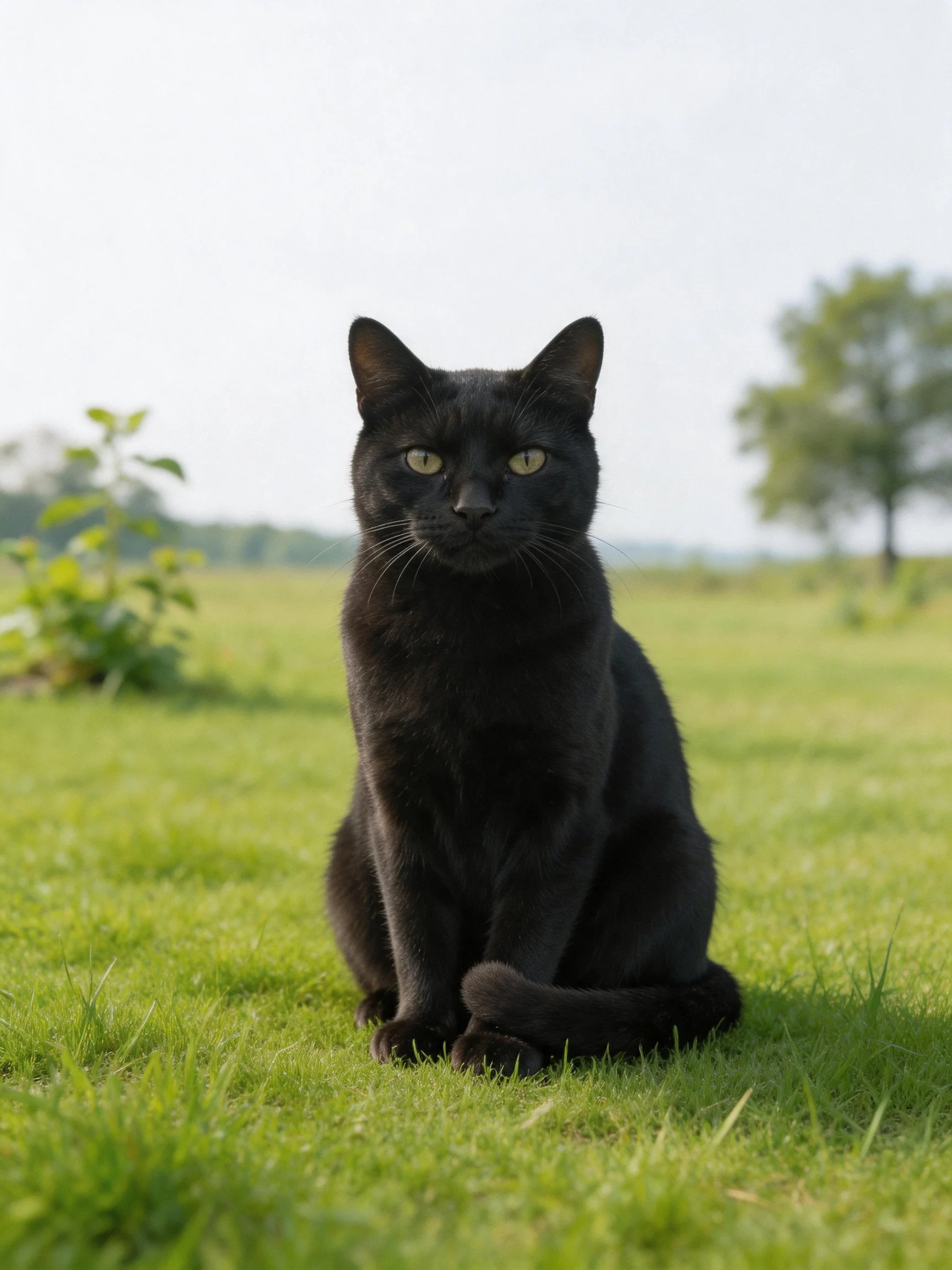 A sleek black cat sits calmly on green grass in a sunny open field.