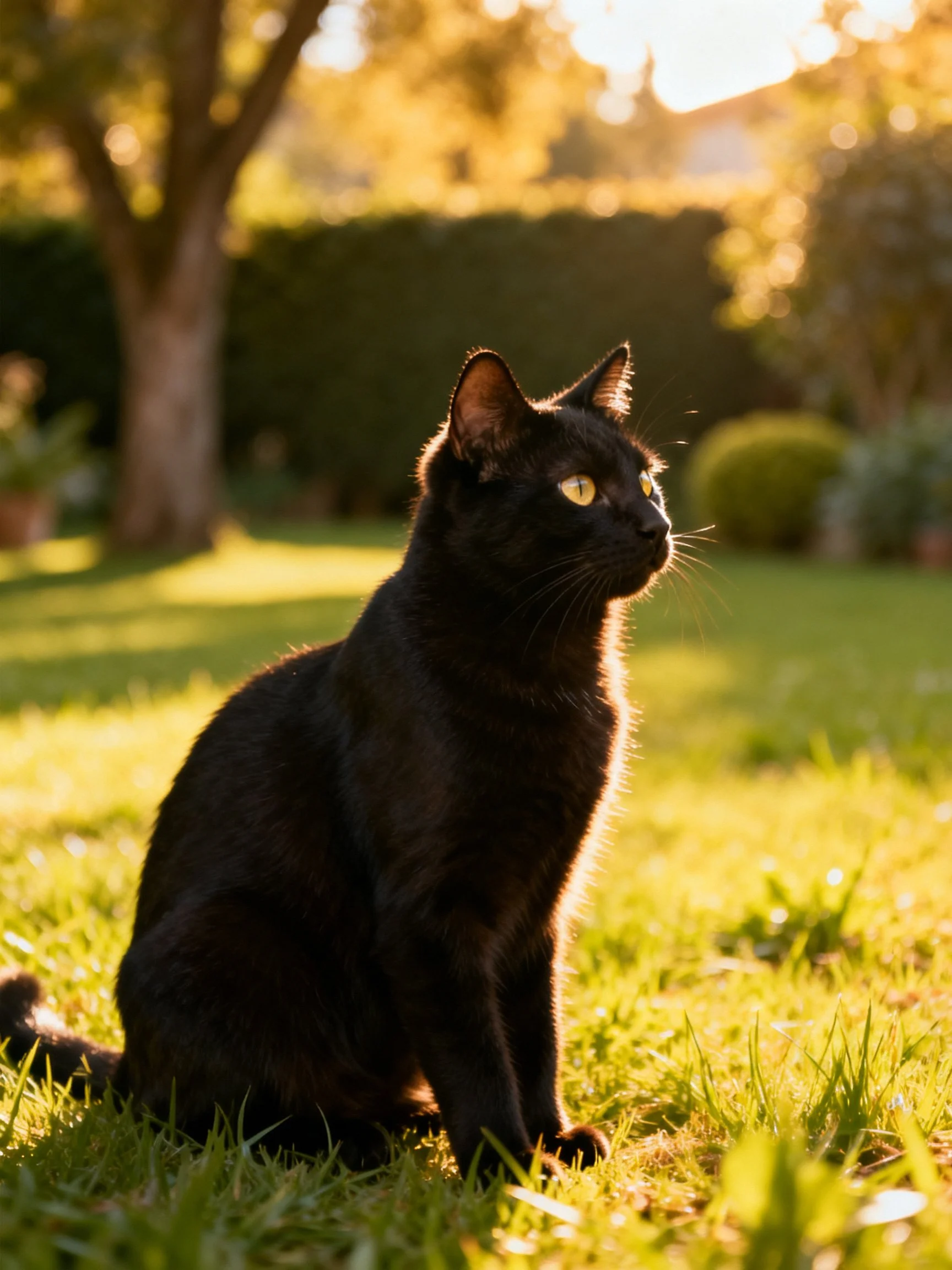 A sleek black cat sits on sun-drenched grass in a garden