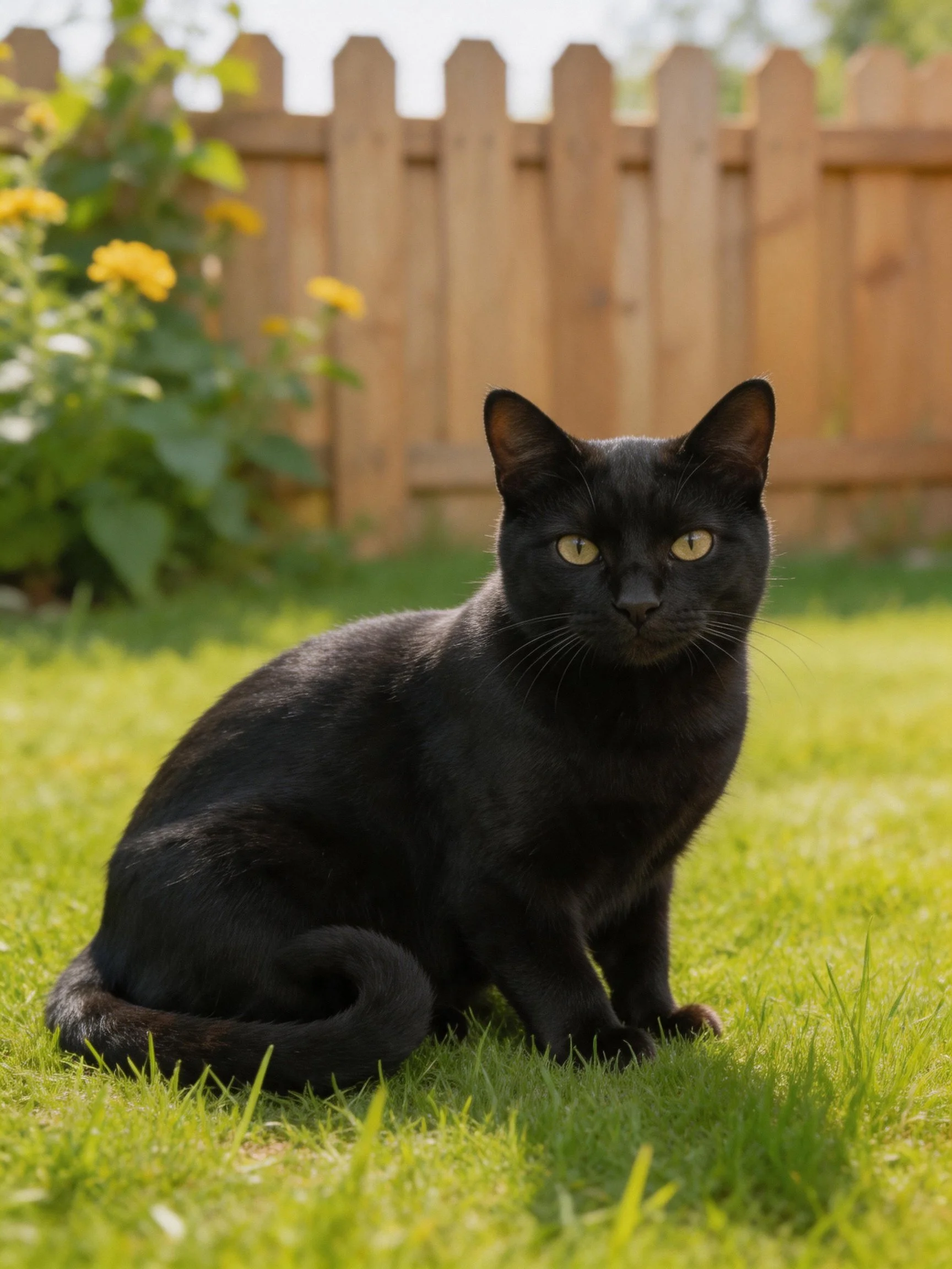 A sleek black cat sits on green grass in front of a wooden fence.