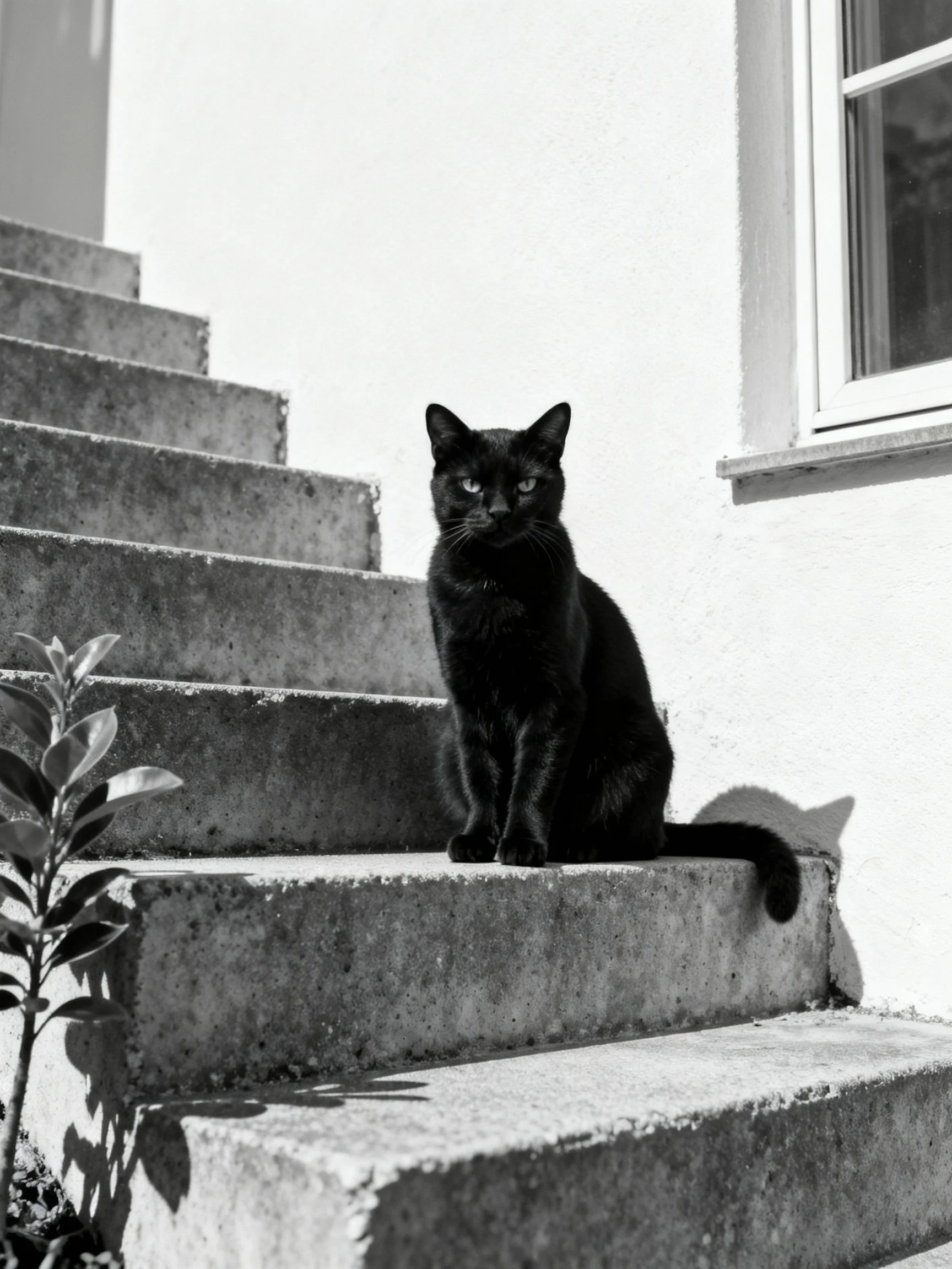 A sleek black cat sits on weathered concrete steps near a white wall