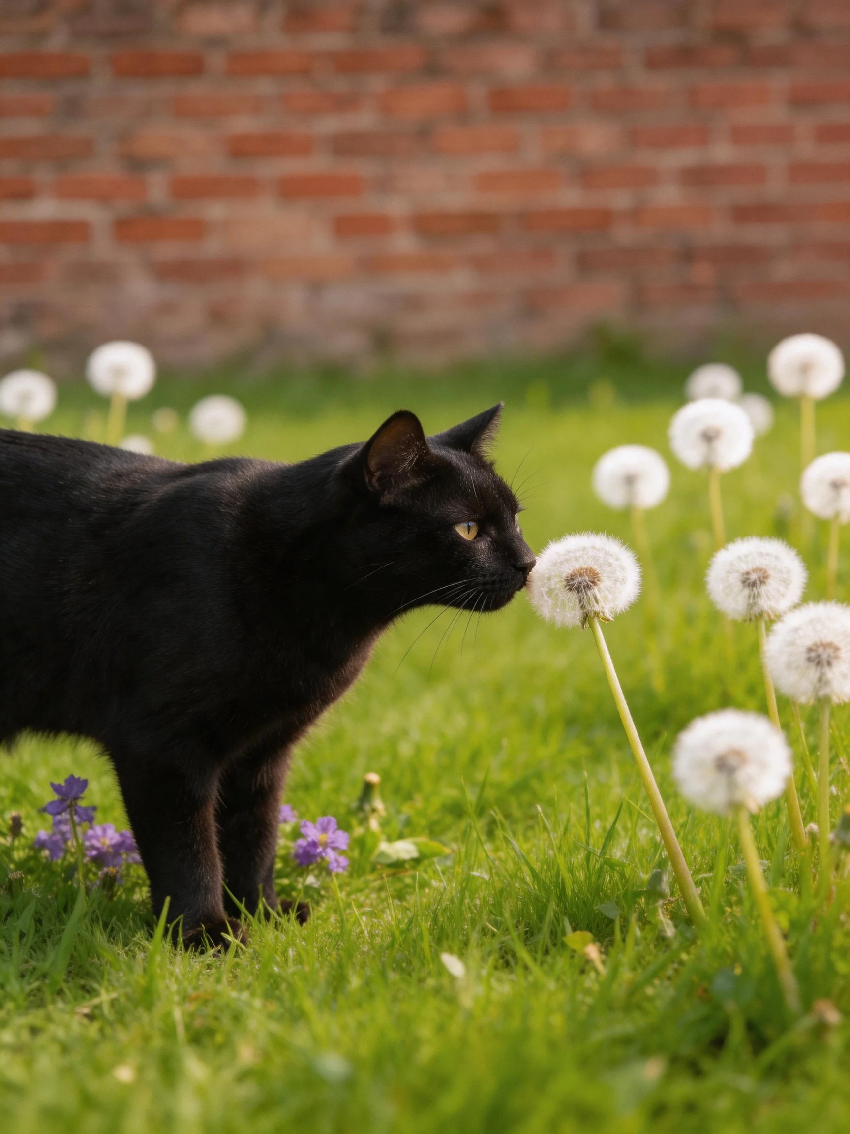 A sleek black cat sniffs white dandelion seed heads near purple flowers