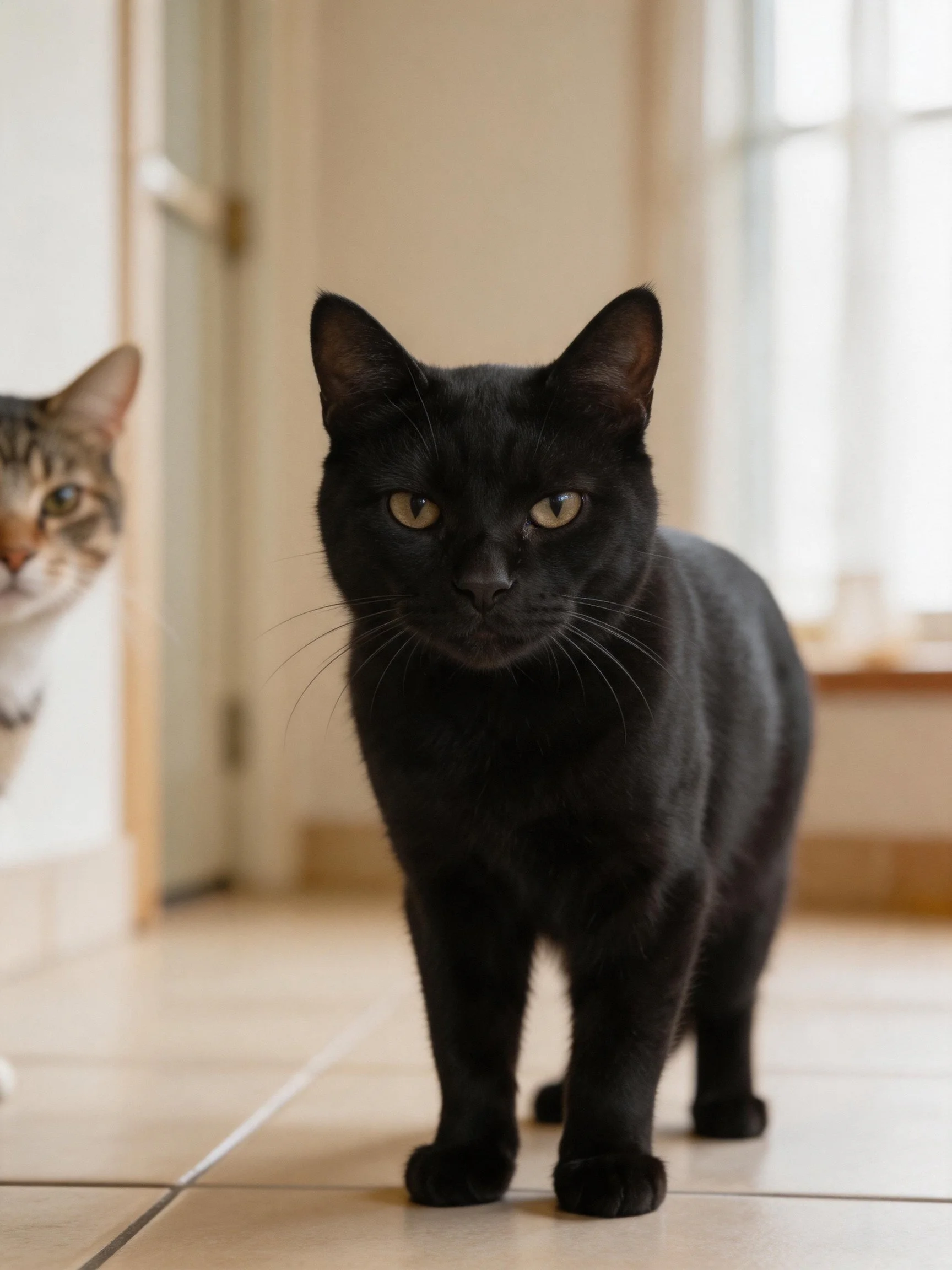 A sleek black cat stands near a tabby feline indoors
