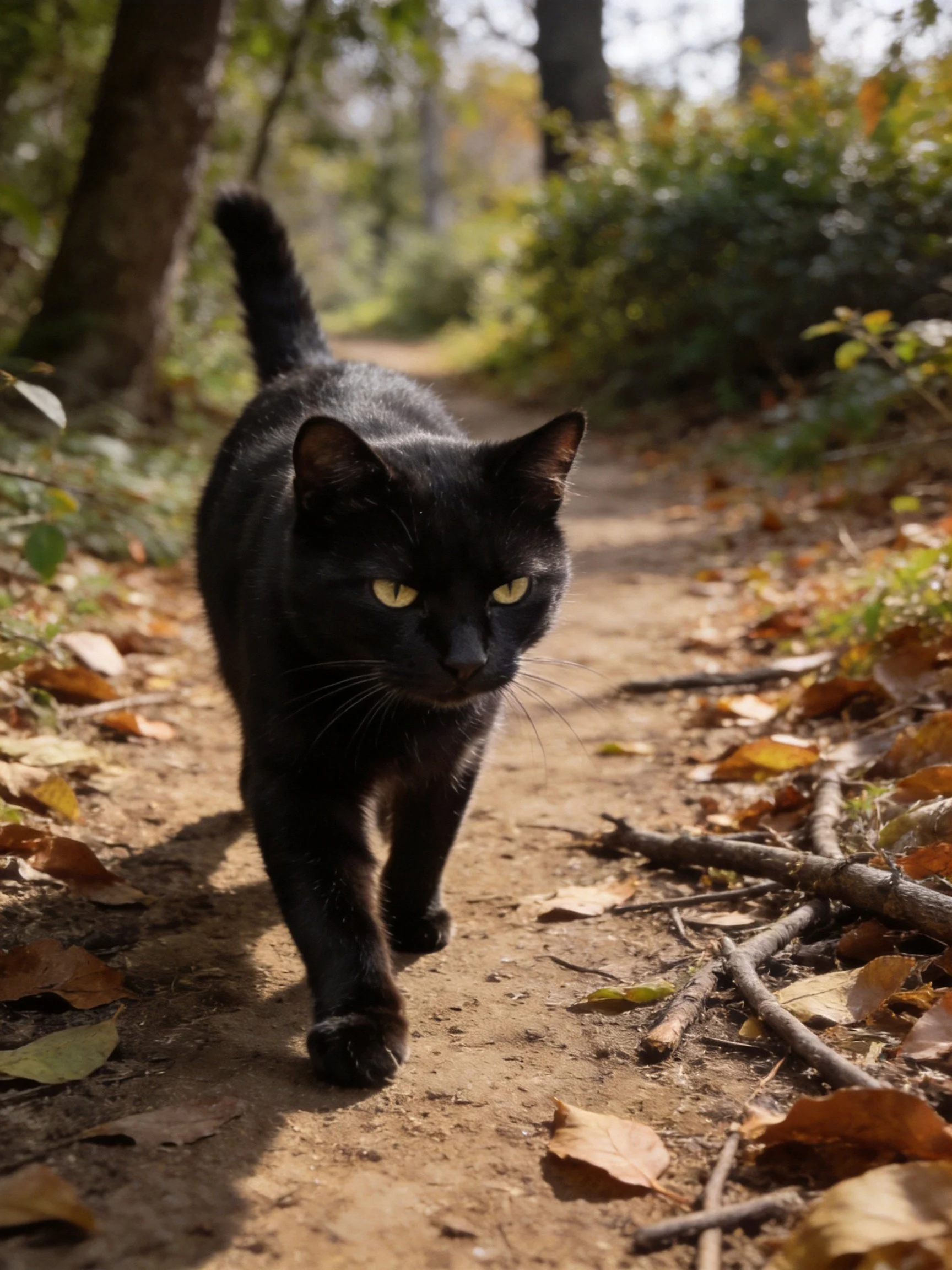 A sleek black cat walking along a leaf-strewn forest path