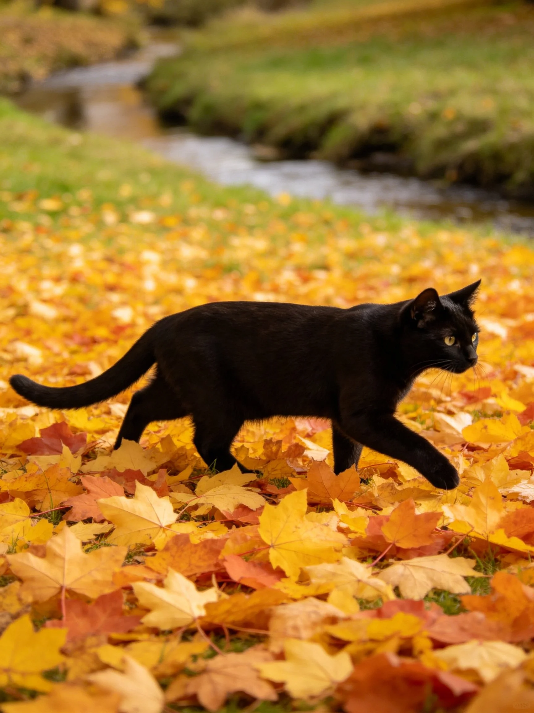 A sleek black cat walking through golden autumn leaves near a stream