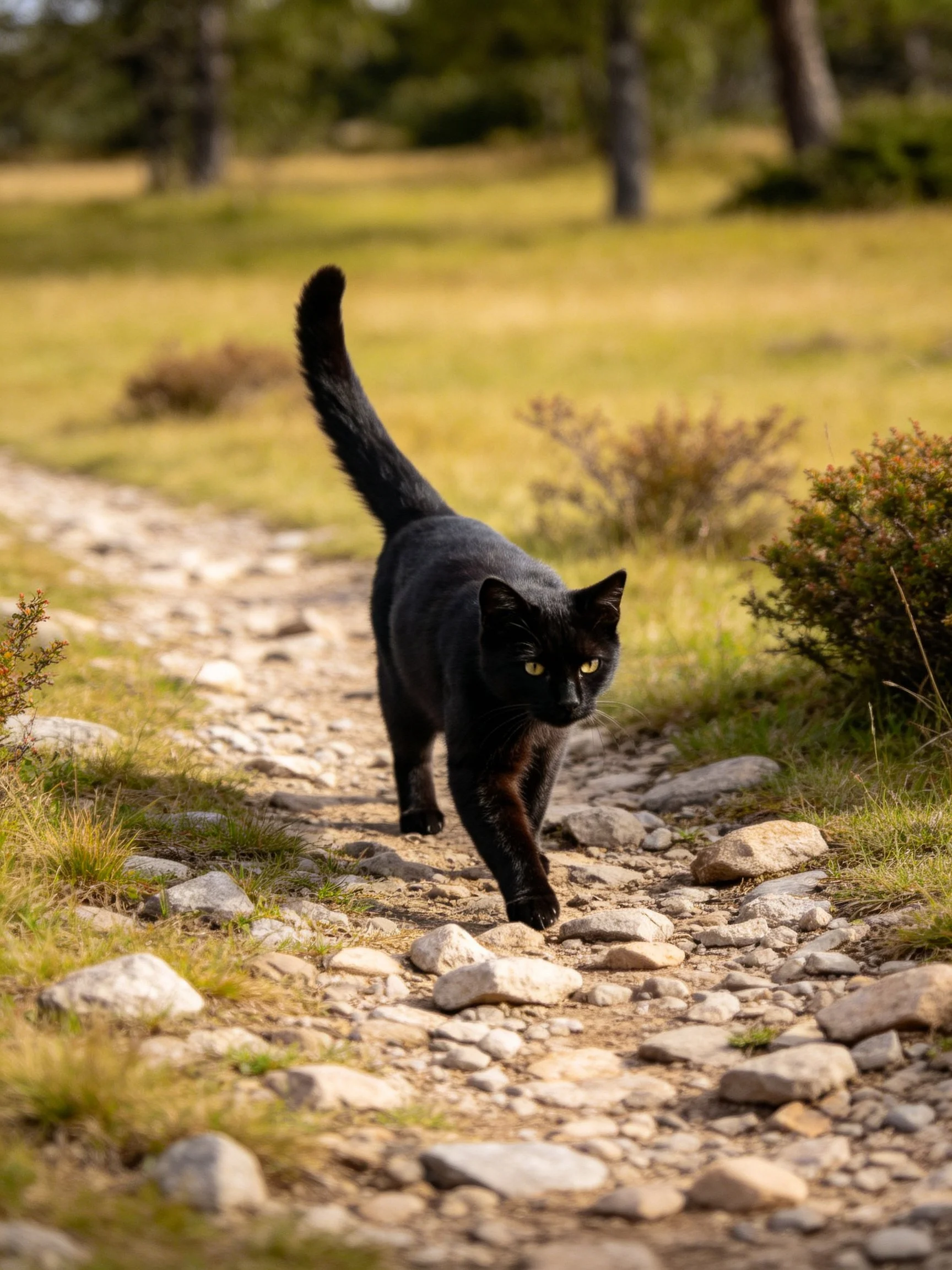 A sleek black cat walks along a rocky dirt path in a sunlit meadow