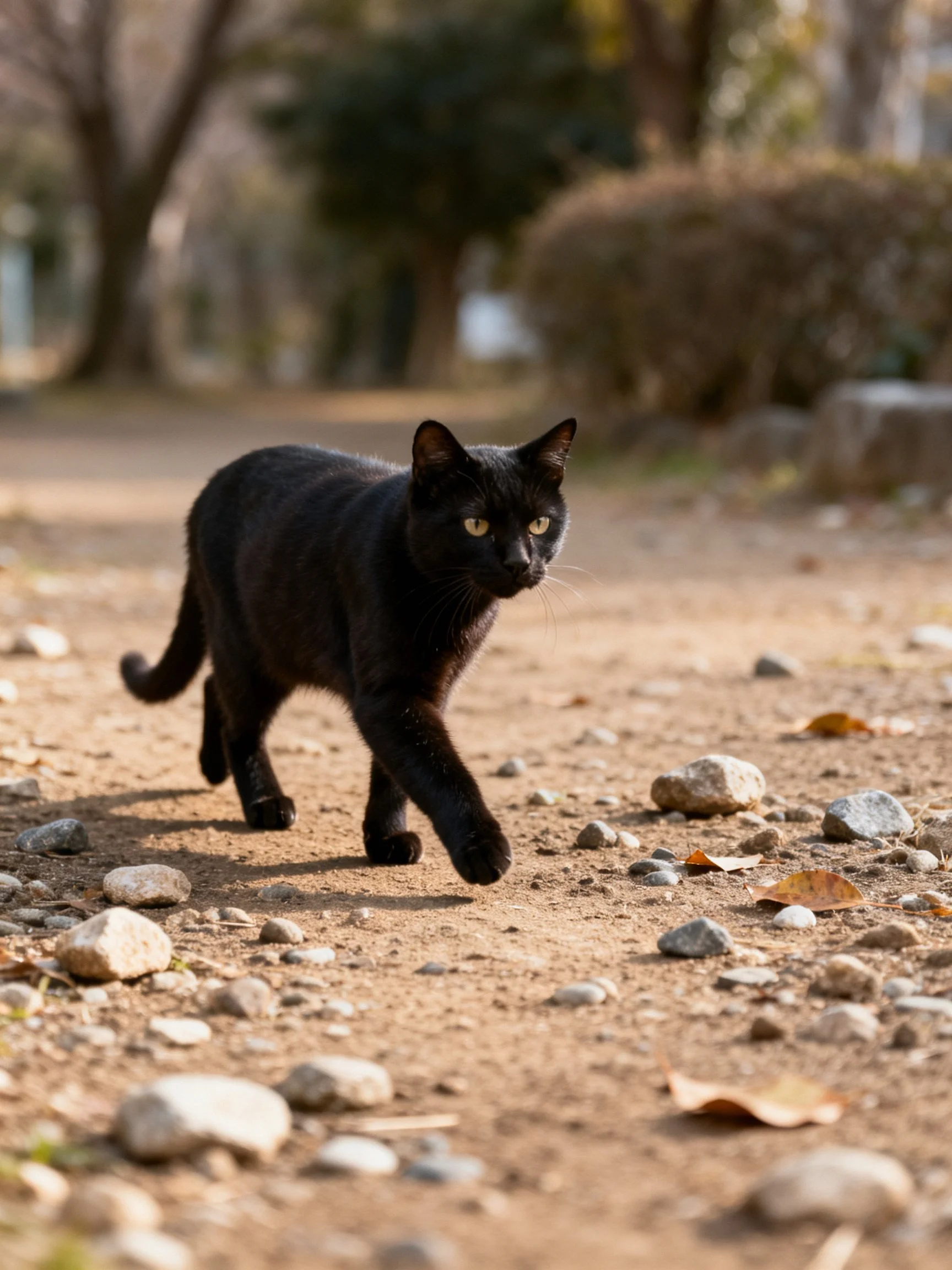 A sleek black cat walks along a rocky dirt path