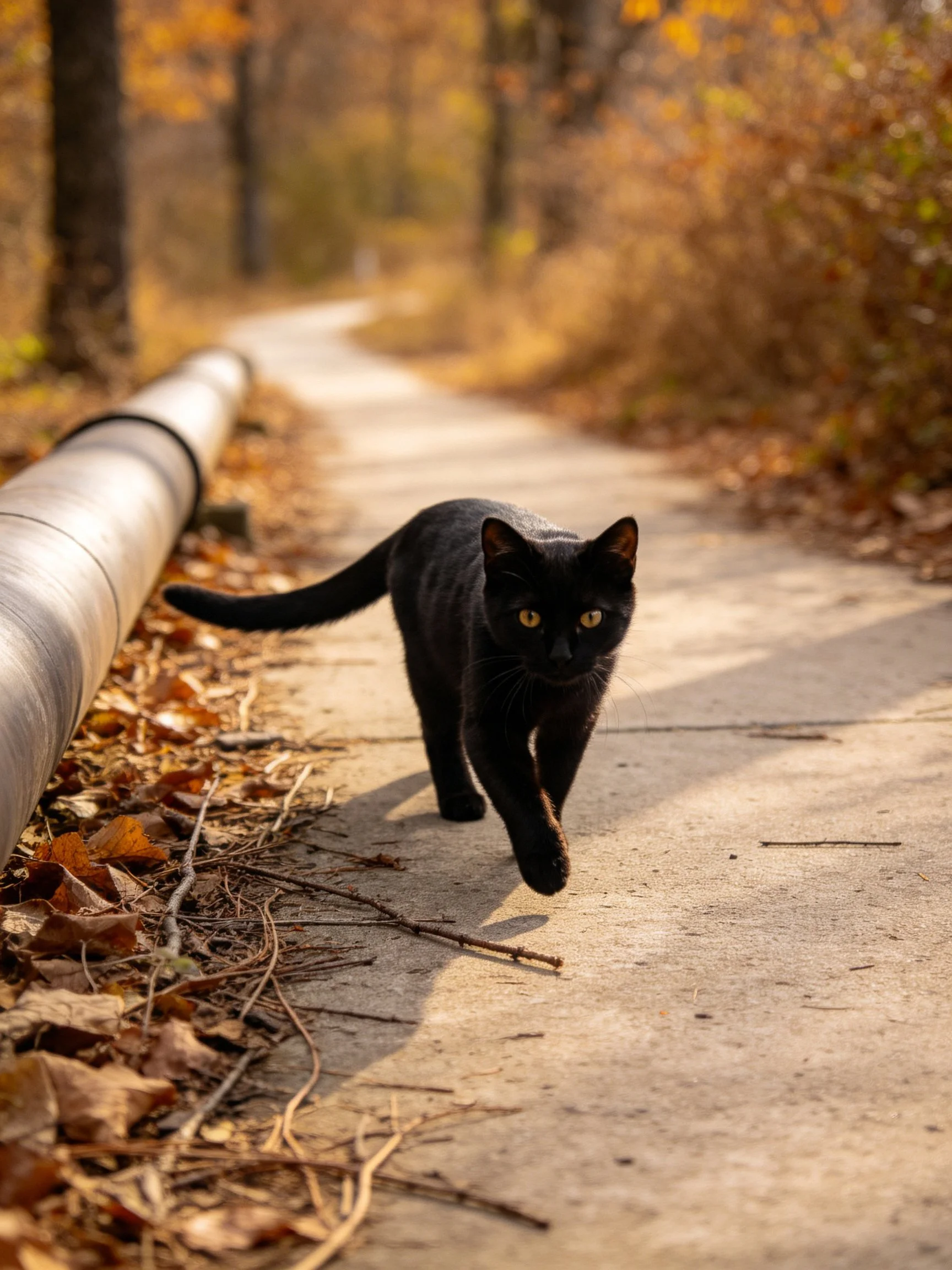 A sleek black cat walks along an autumn path near a large pipe
