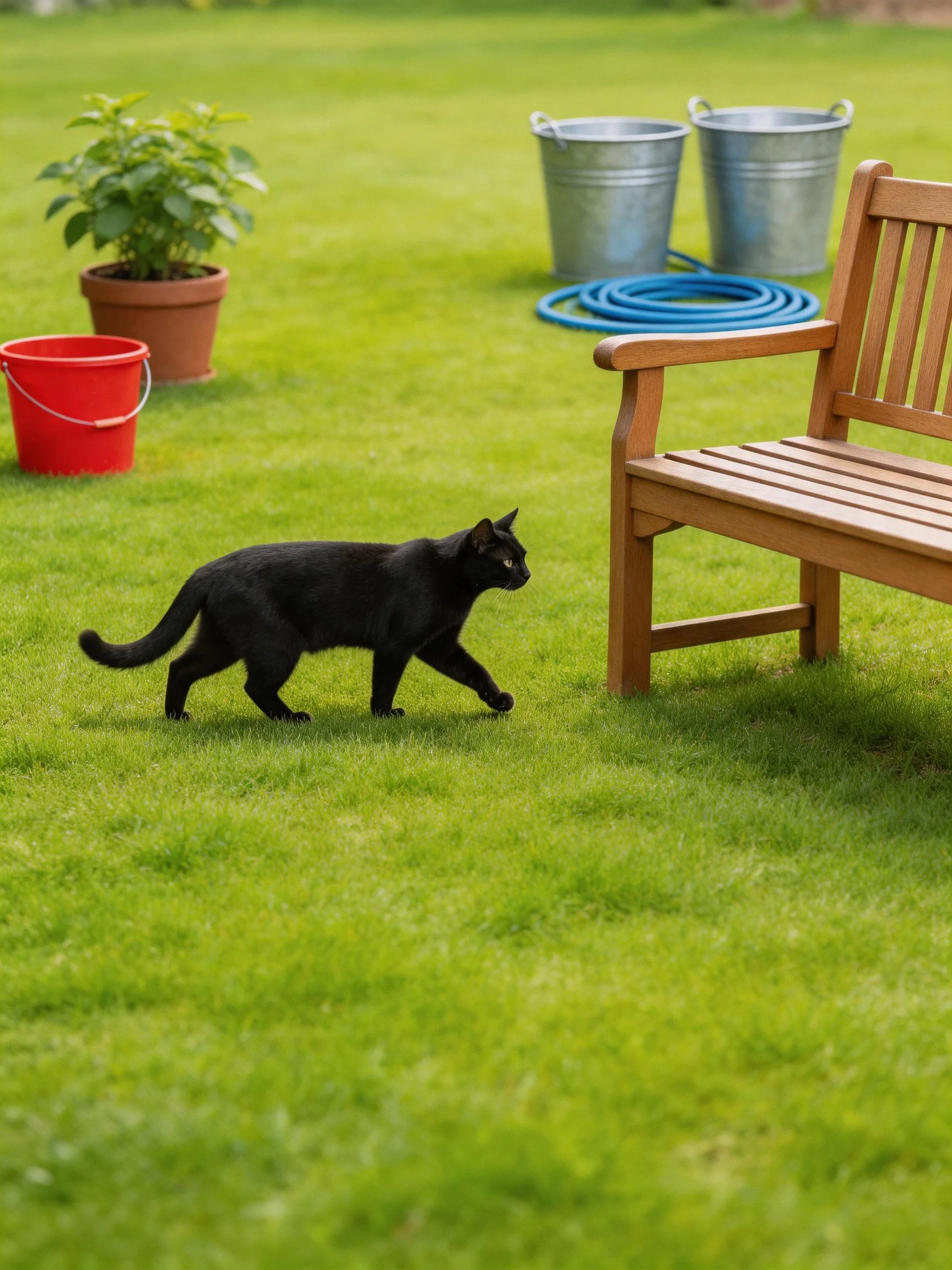 A sleek black cat walks near a wooden bench on vibrant green grass