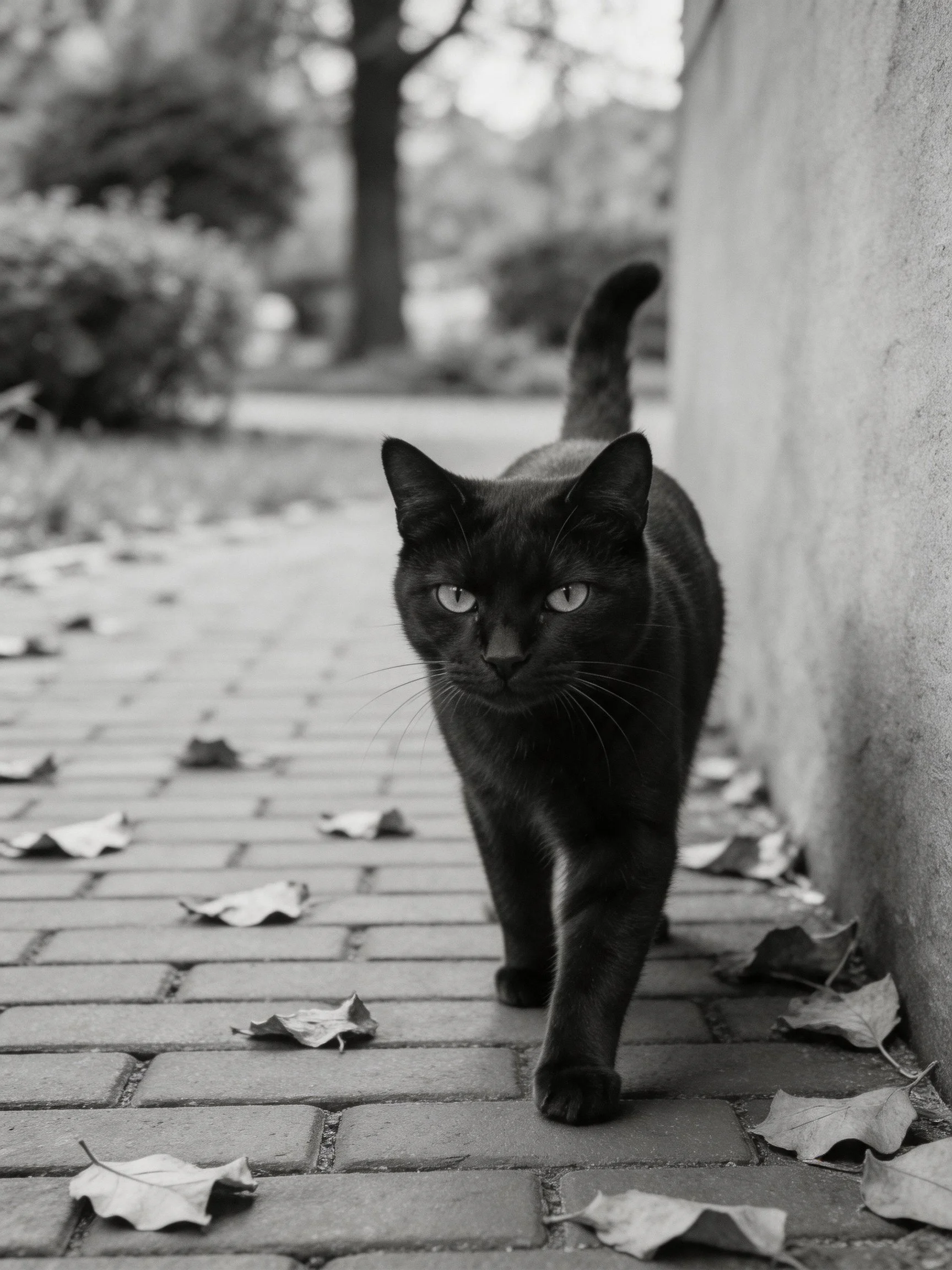A sleek black cat walks on a leaf-strewn brick pathway