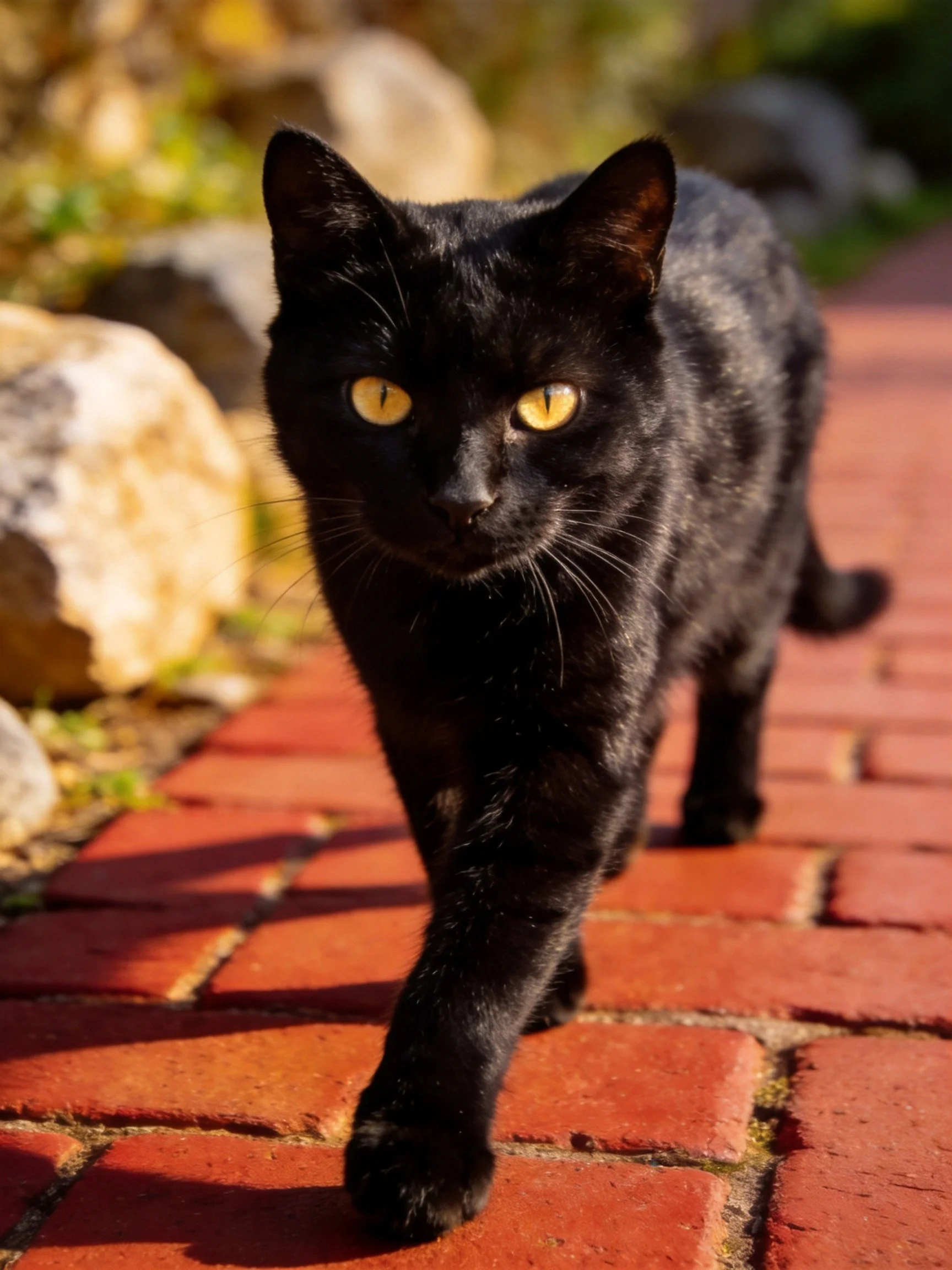 A sleek black cat walks on a red brick pathway near rocks