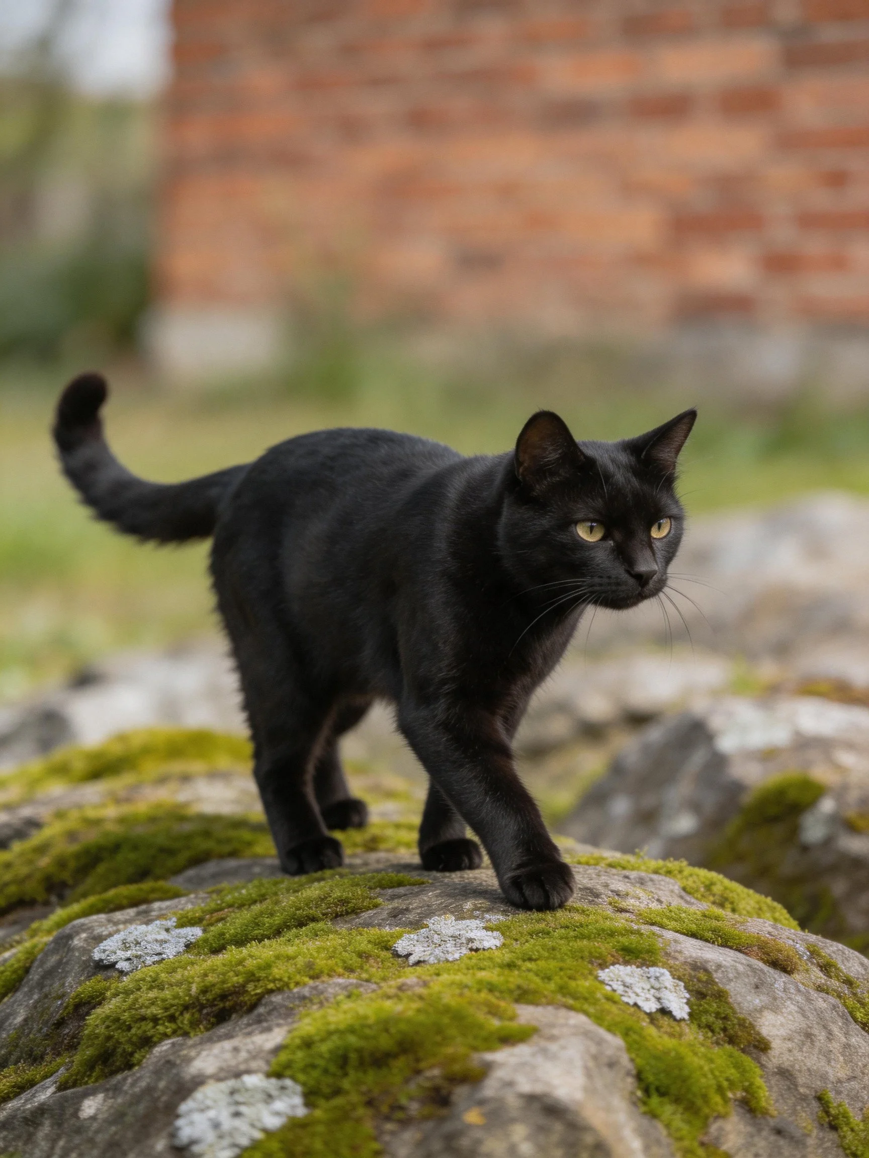 A sleek black cat walks on mossy rocks beside an old brick wall