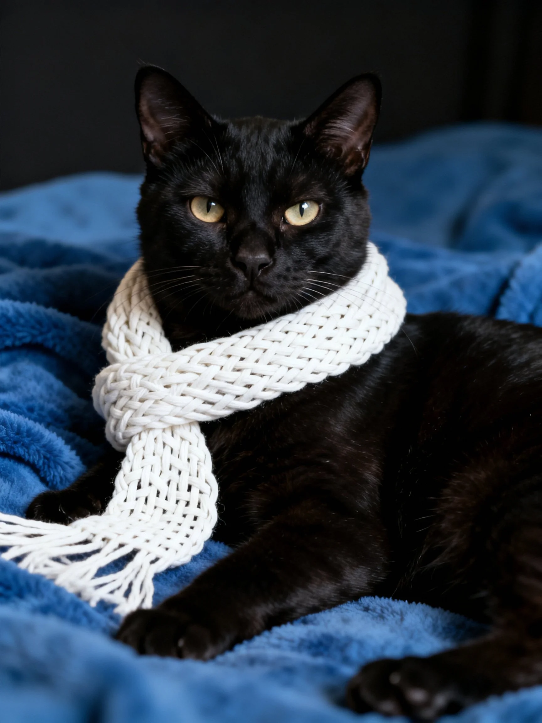 A sleek black cat wearing a white knitted scarf on a blue blanket