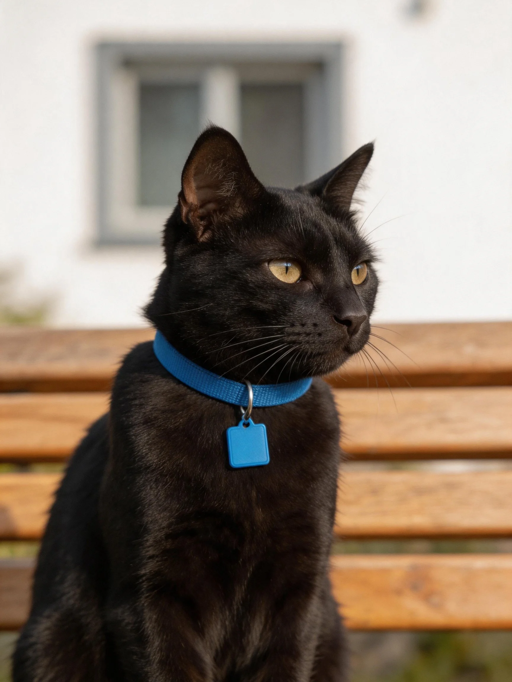 A sleek black cat with a blue collar sits on a wooden bench