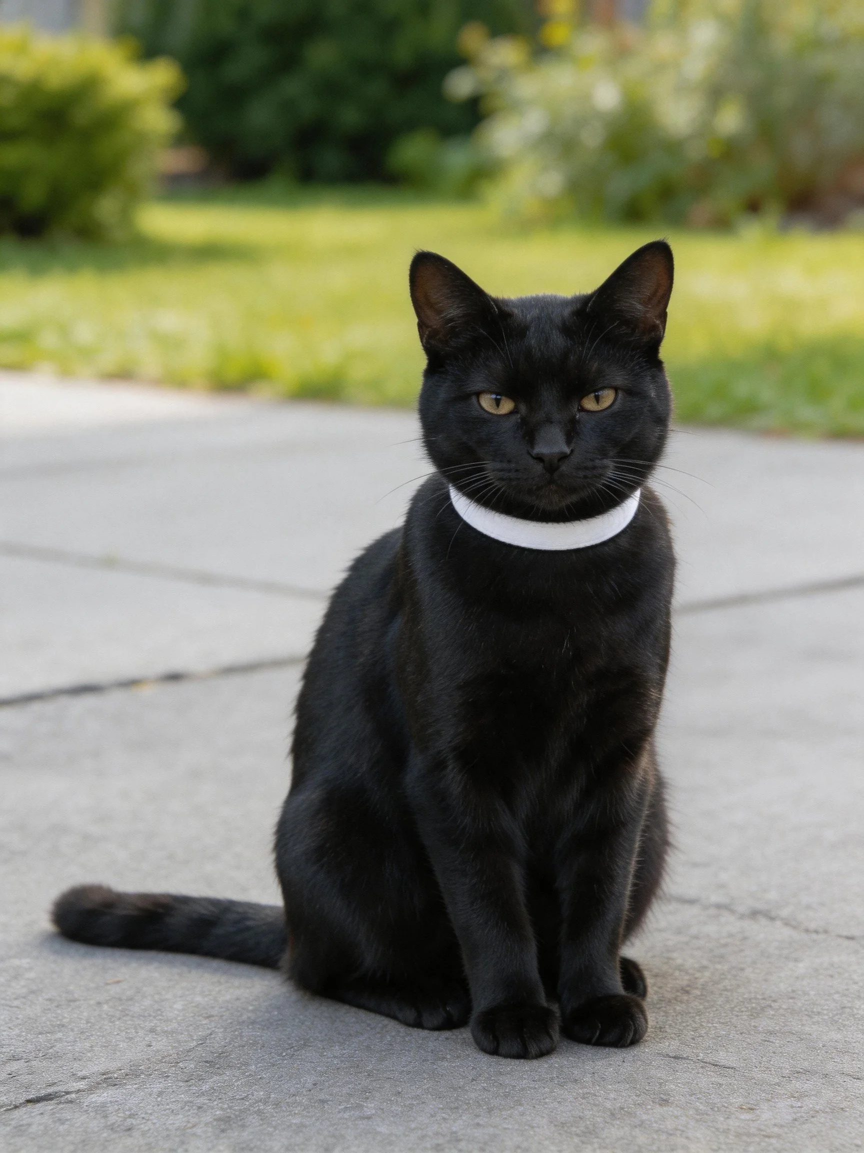 A sleek black cat with a white collar sits on pavement
