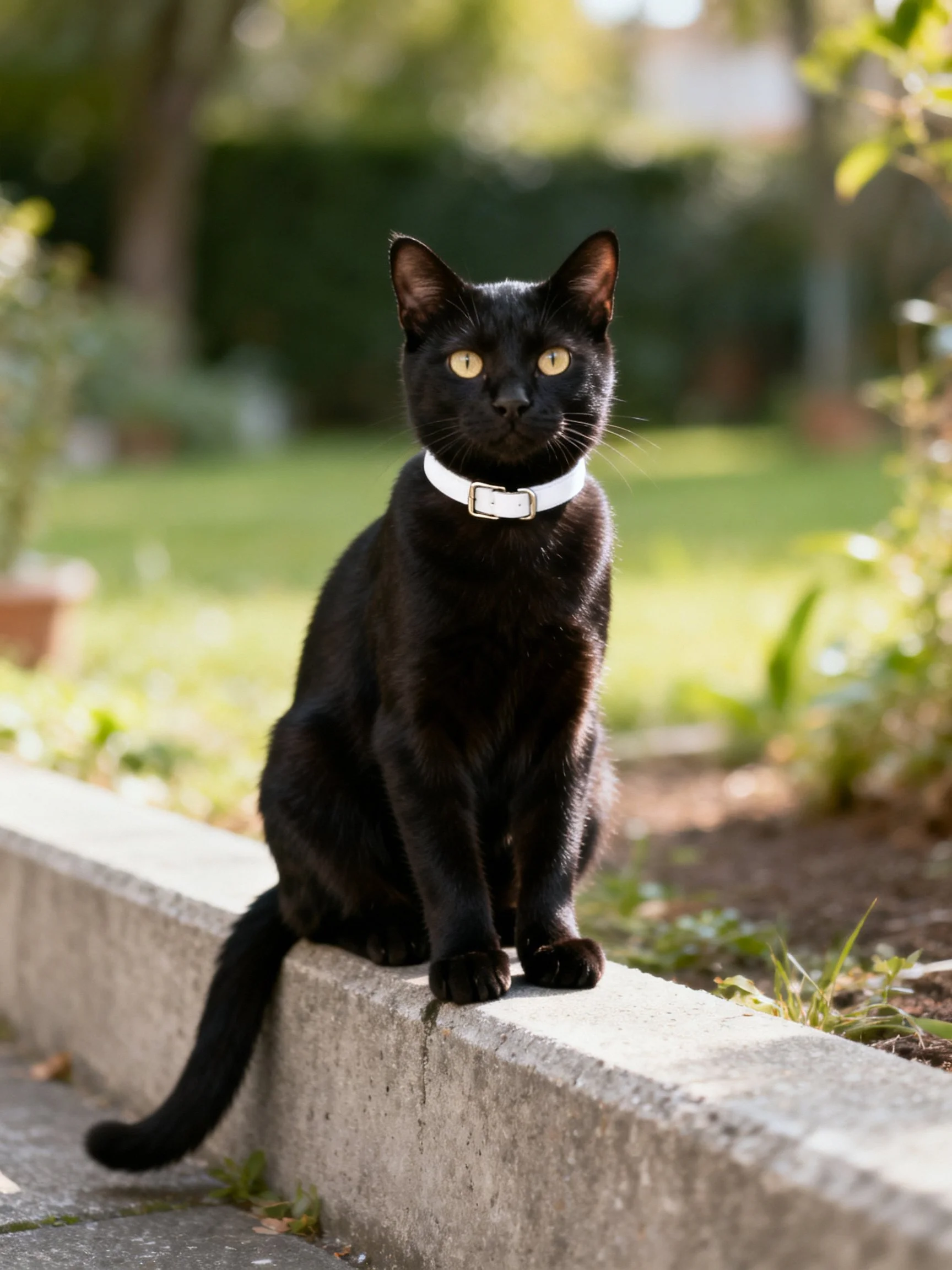 A sleek black cat with a white collar sits outdoors