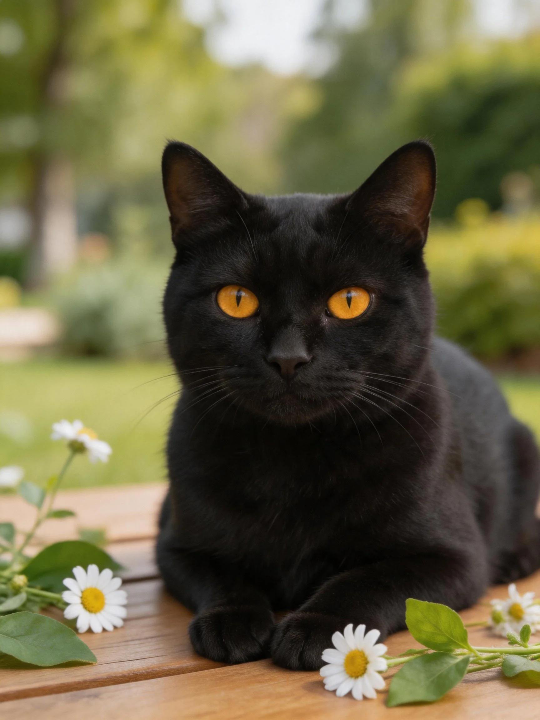 A sleek black cat with amber eyes lies among white daisies on a wooden surface