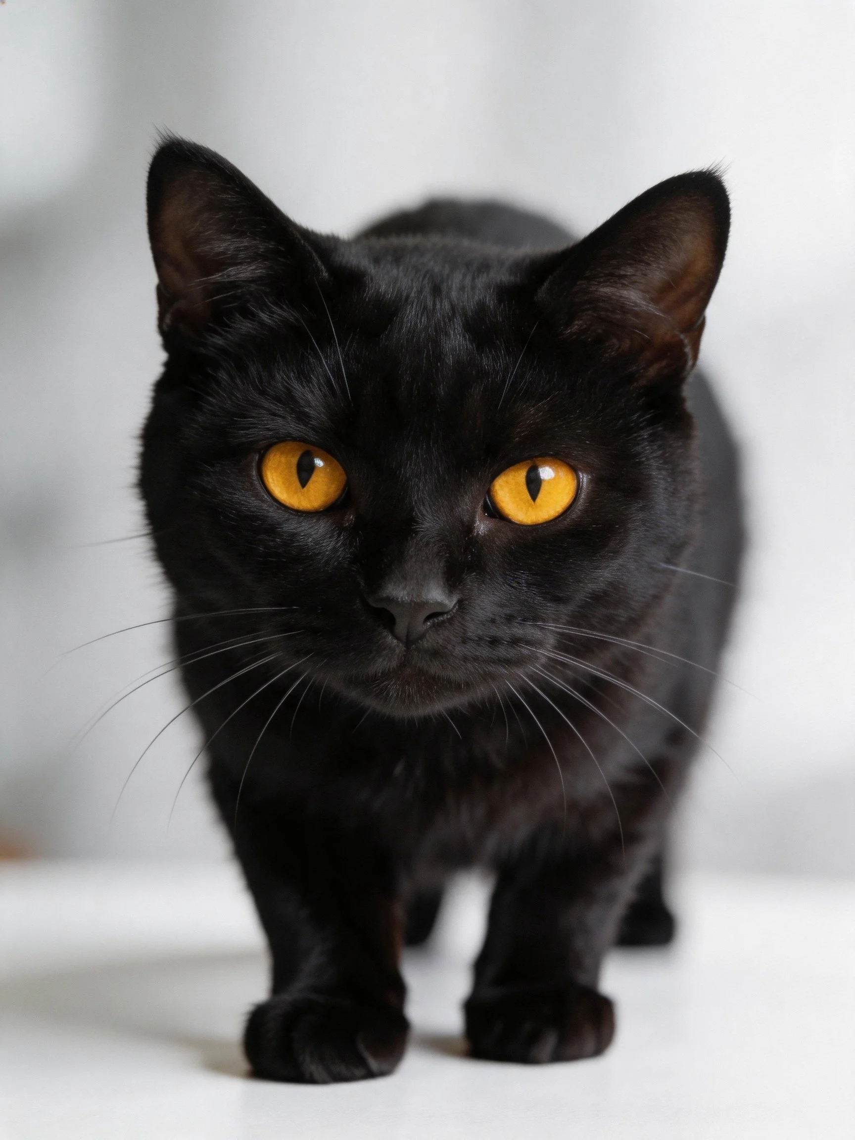 A sleek black cat with bright amber eyes faces the viewer directly.
