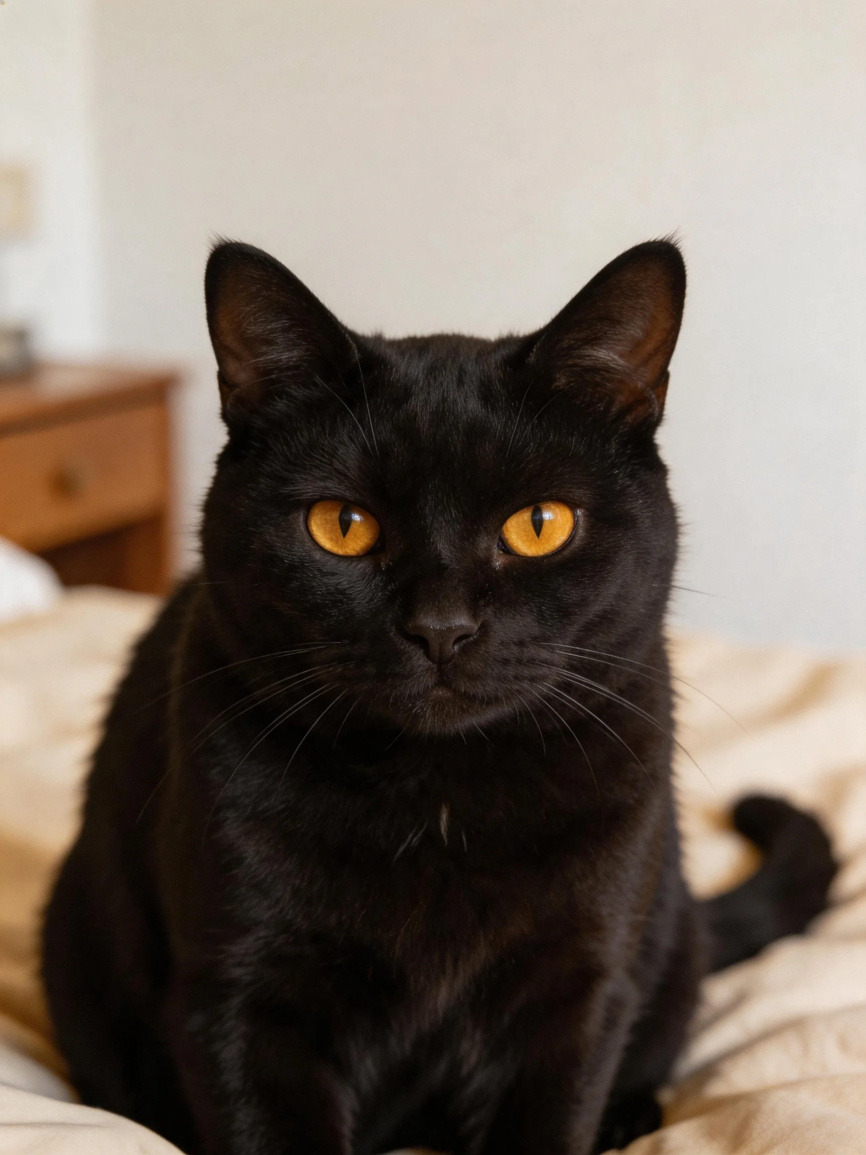 A sleek black cat with amber eyes sits calmly on a beige bed