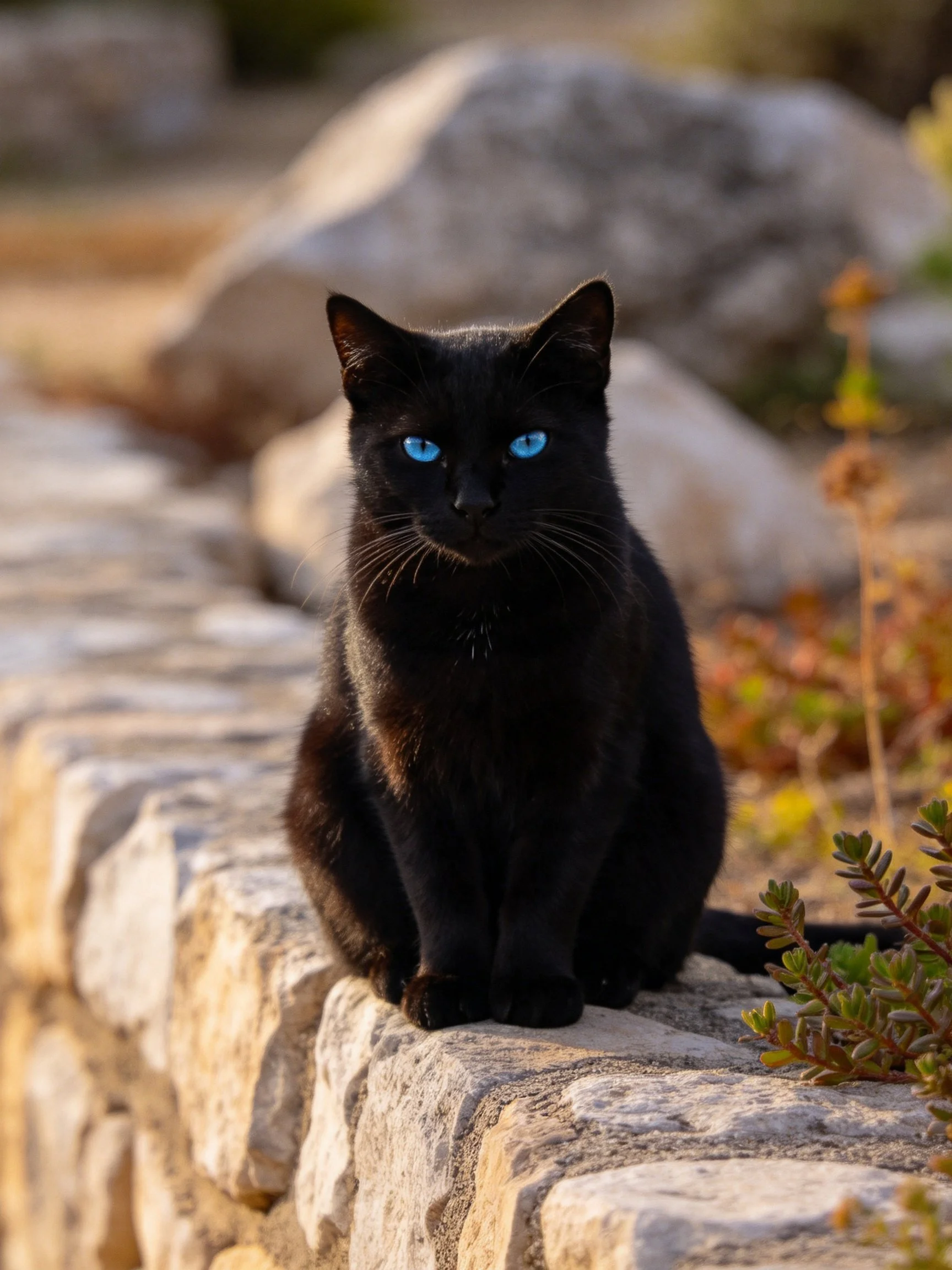 A sleek black cat with bright blue eyes perched on a stone wall