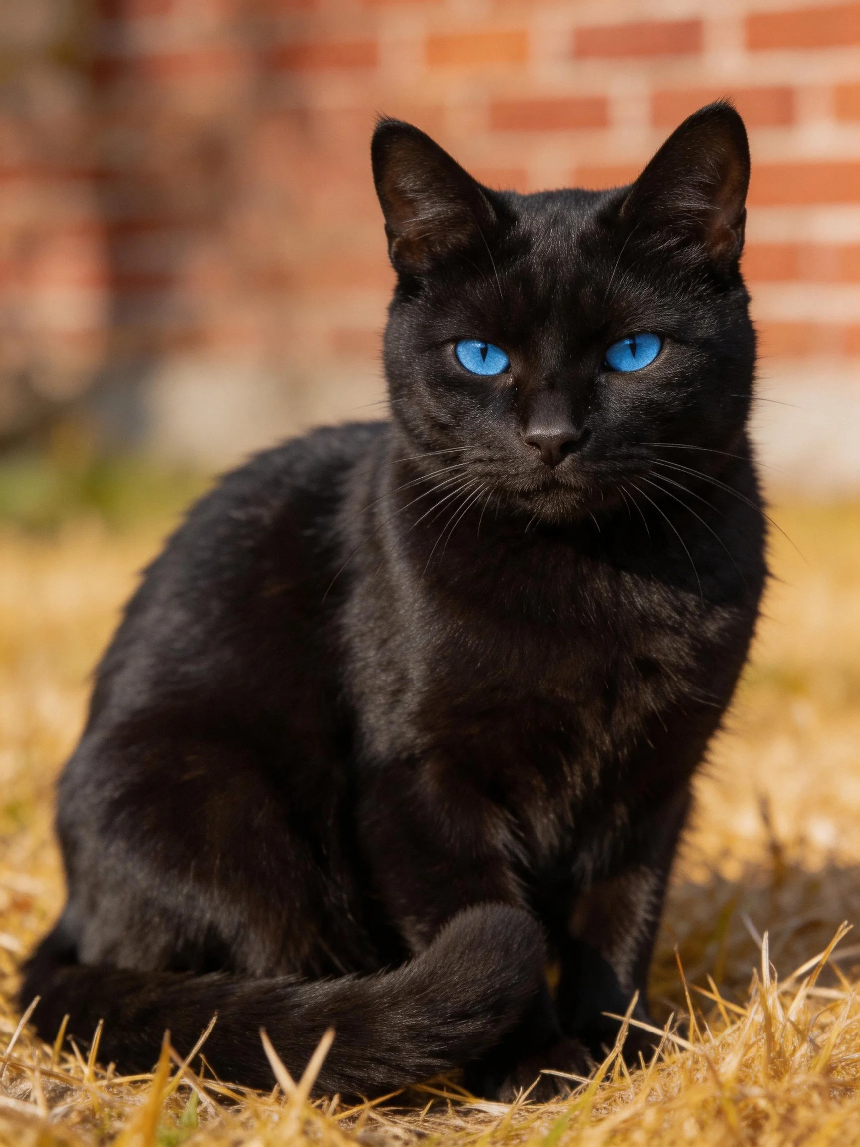 A sleek black cat with bright blue eyes sits on dry grass near a brick wall