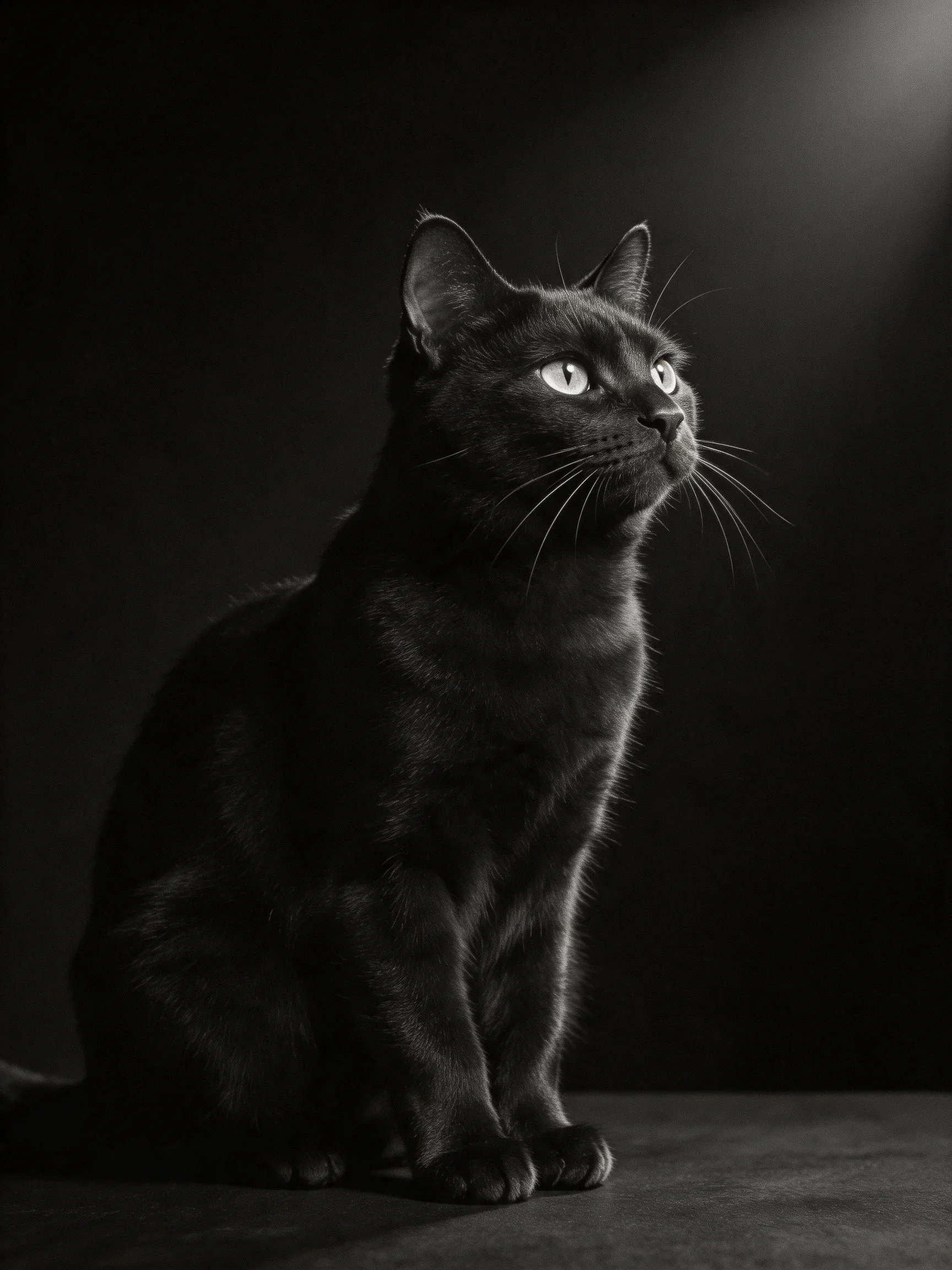 A sleek black cat with bright eyes illuminated by focused light