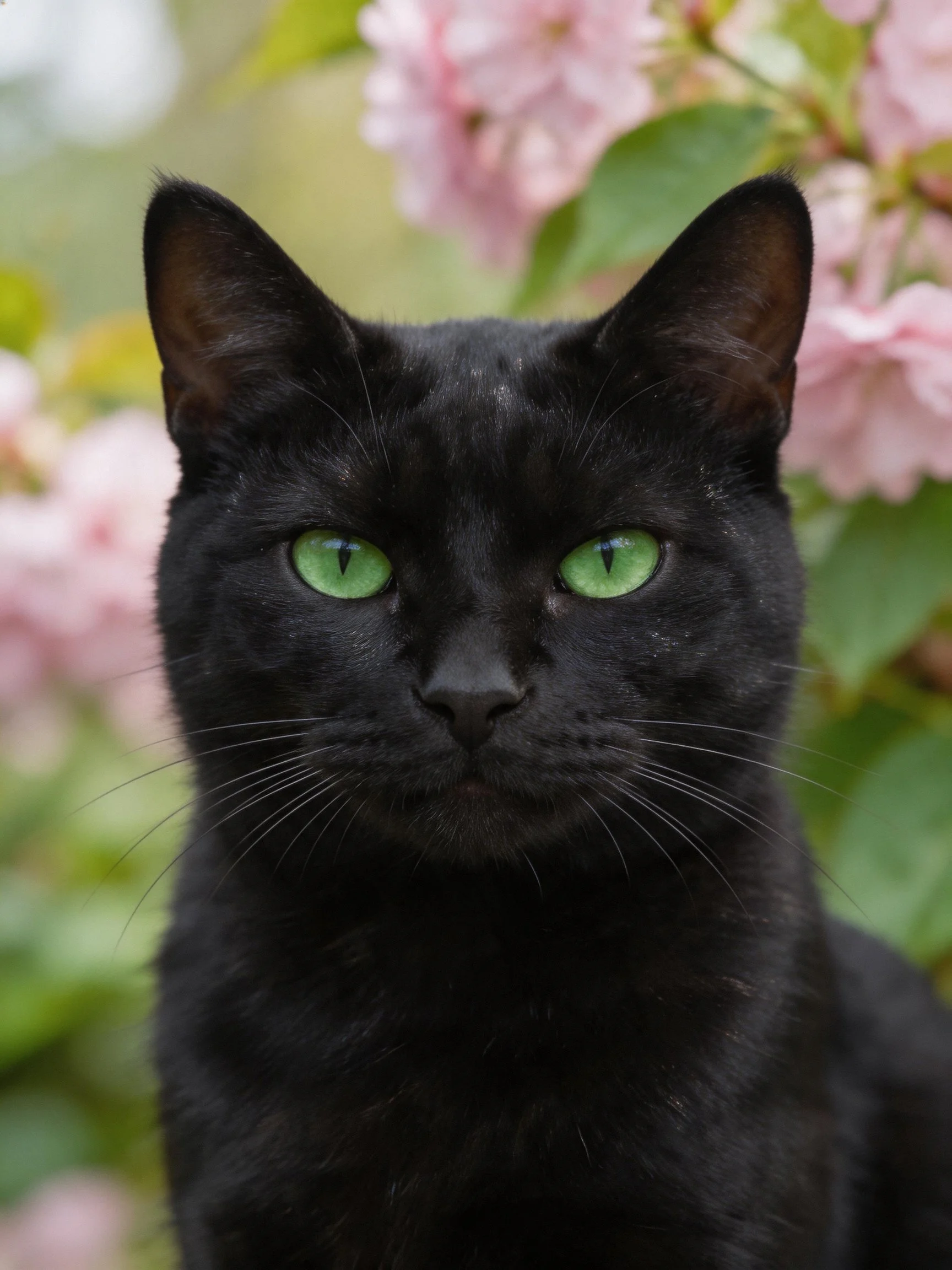 A sleek black cat with bright green eyes rests near soft pink blossoms.